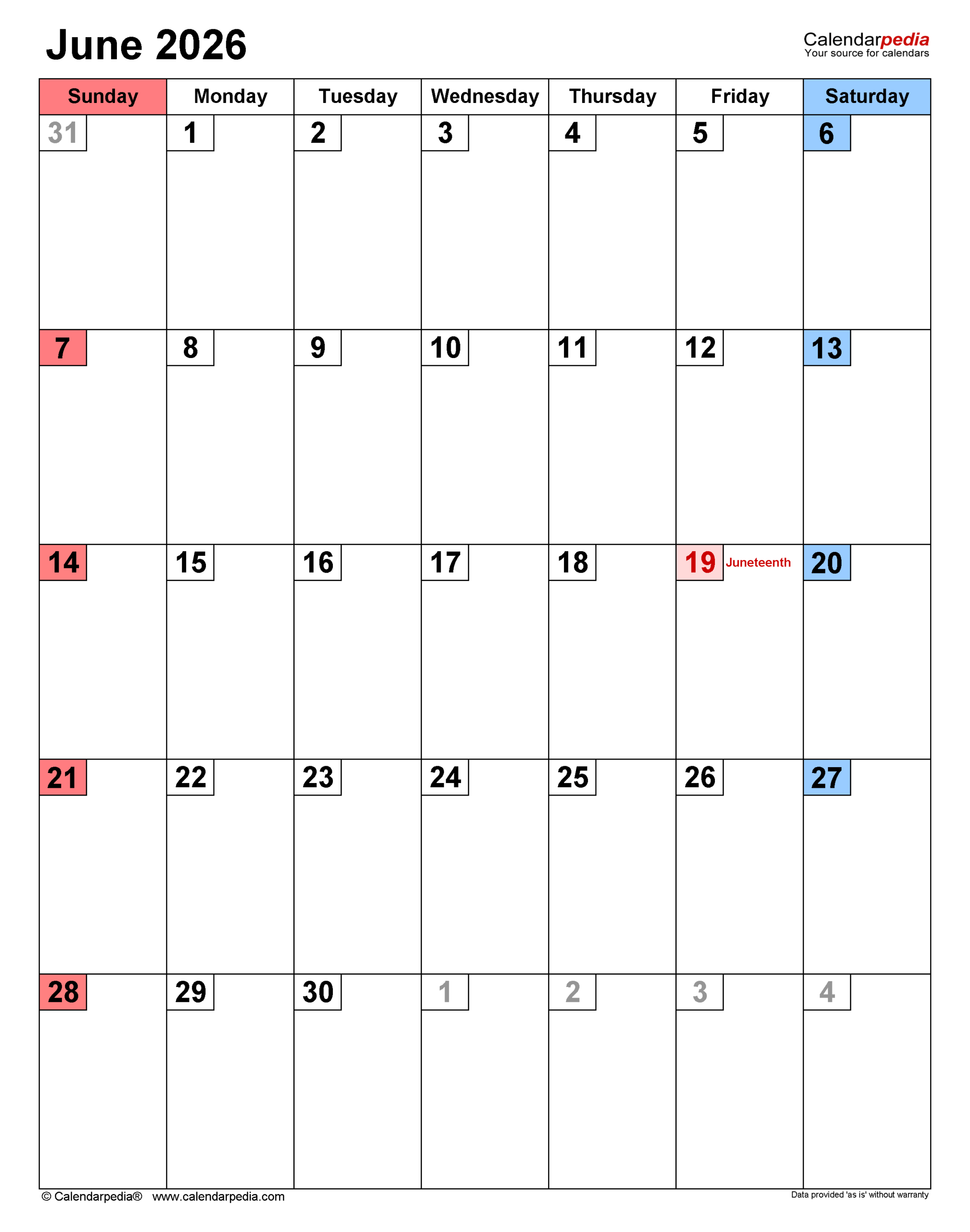 Free Printable Monthly Calendar June 2026