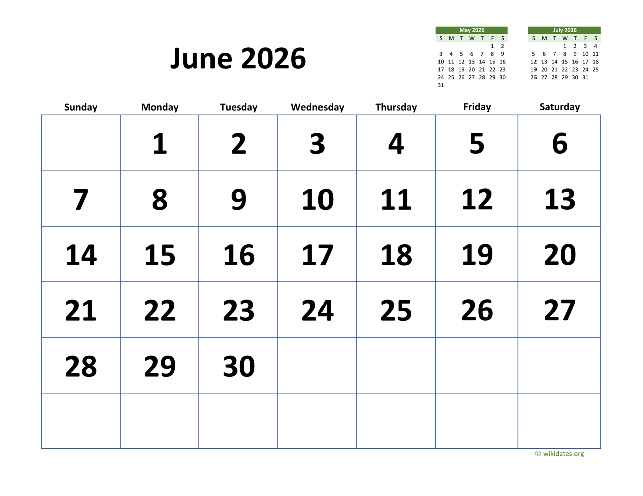 june 2026 calendar with extra large dates wikidates