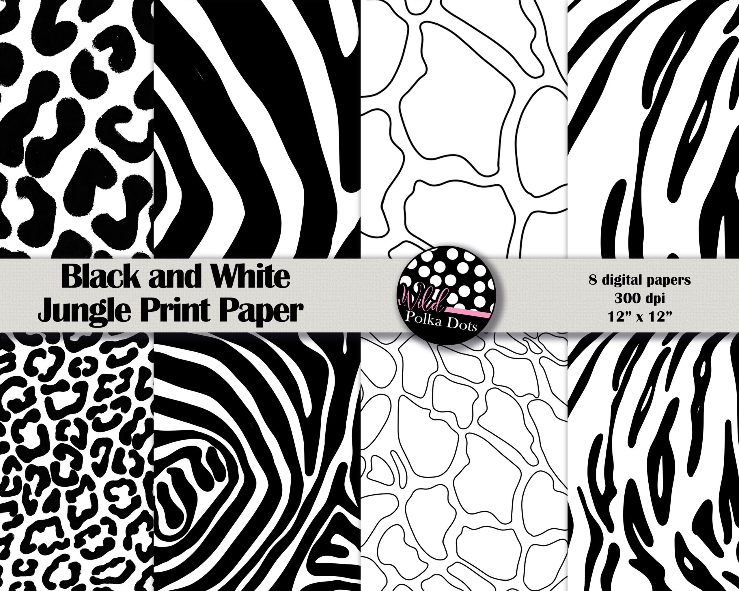 Jungle Print Black And White Digital Paper Pack Safari Leopard Tiger Zebra Giraffe Instant Download Printable Scrapbook Papers Etsy