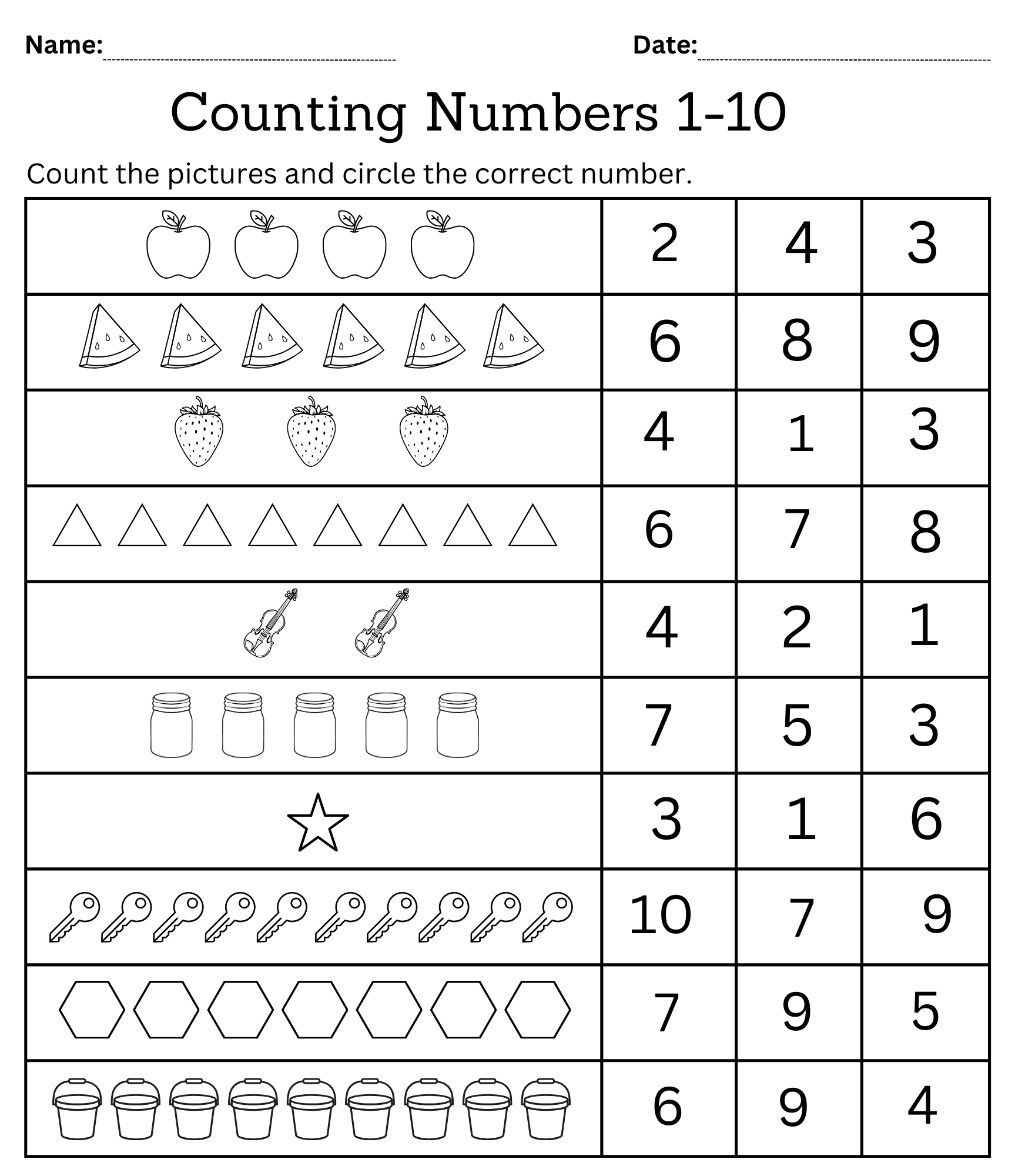 kindergarten math counting objects worksheets 1 10 black and white made by teachers