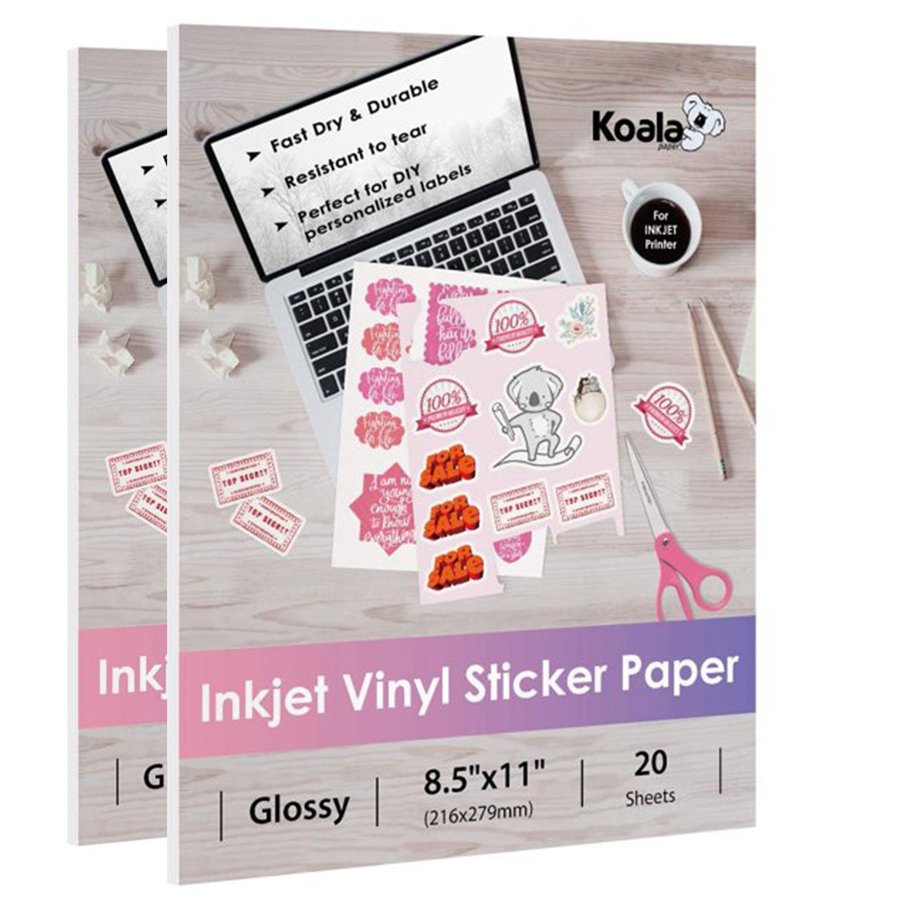Koala Glossy Printable Vinyl Sticker Paper Waterproof 8 5x11 Inch 40 Sheets For Inkjet Printers Walmart