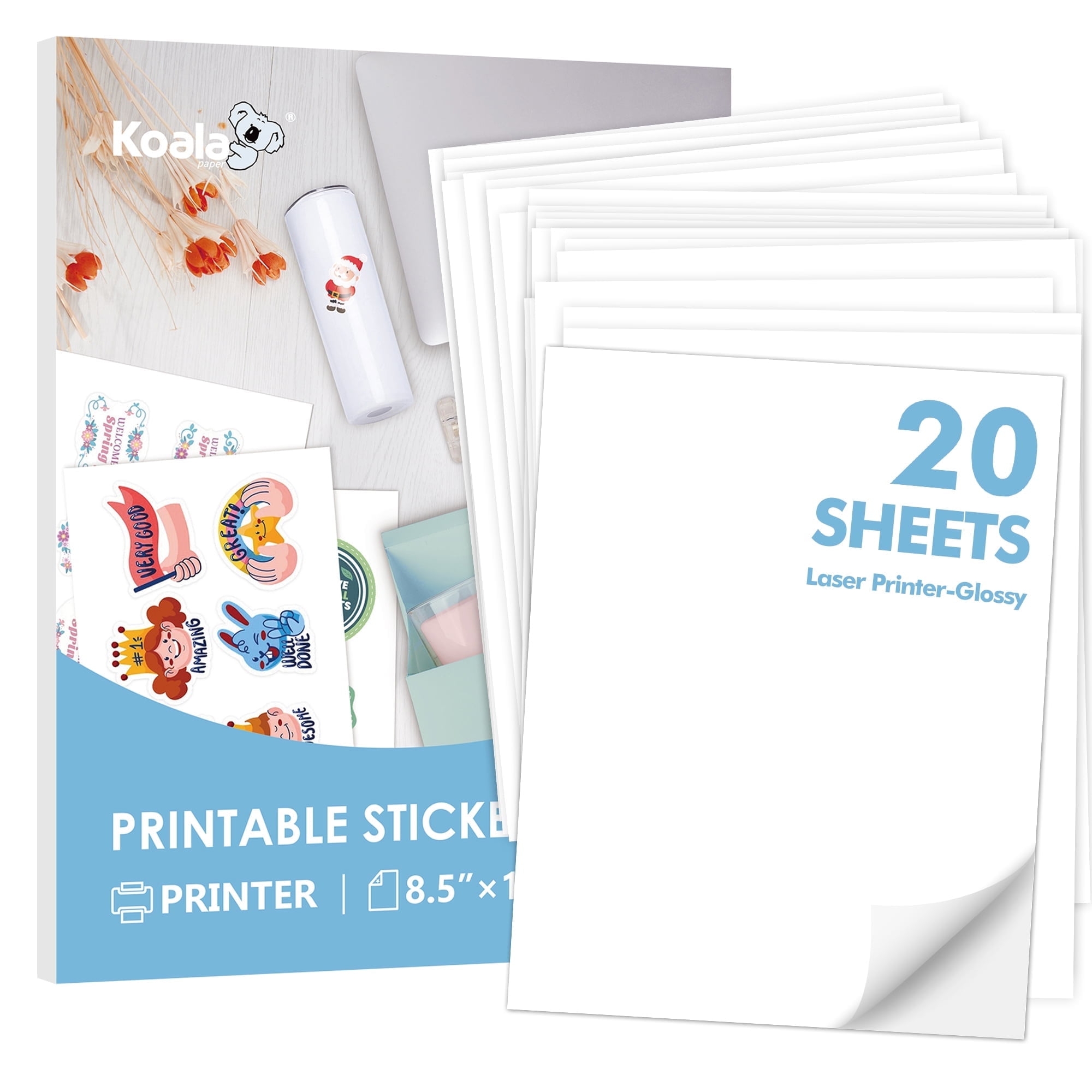 Koala Printable Vinyl Sticker Paper For Laser Printer 20 Sheets Glossy White Waterproof Sticker Paper 8 5X11 Inch Compatible Cricut Walmart