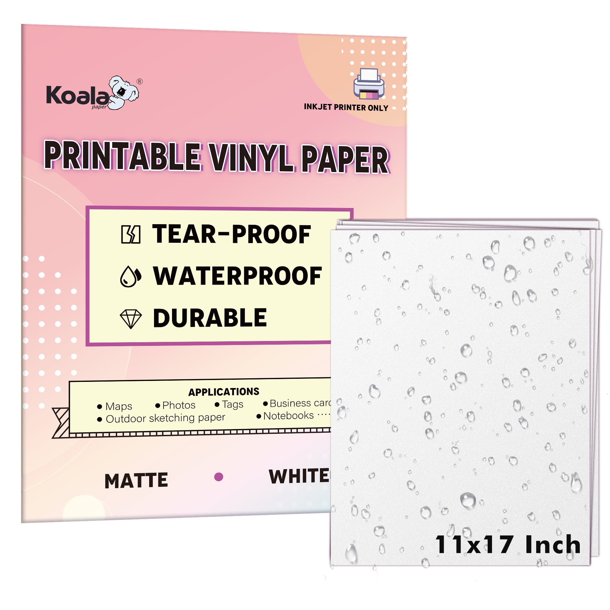 Koala Printable Waterproof Paper For Inkjet 11x17 In Premium Multipurpose Paper Bright Matte White Waterproof Printer Paper 30 Sheets Synthetic Paper DIY Hiking Maps Walmart