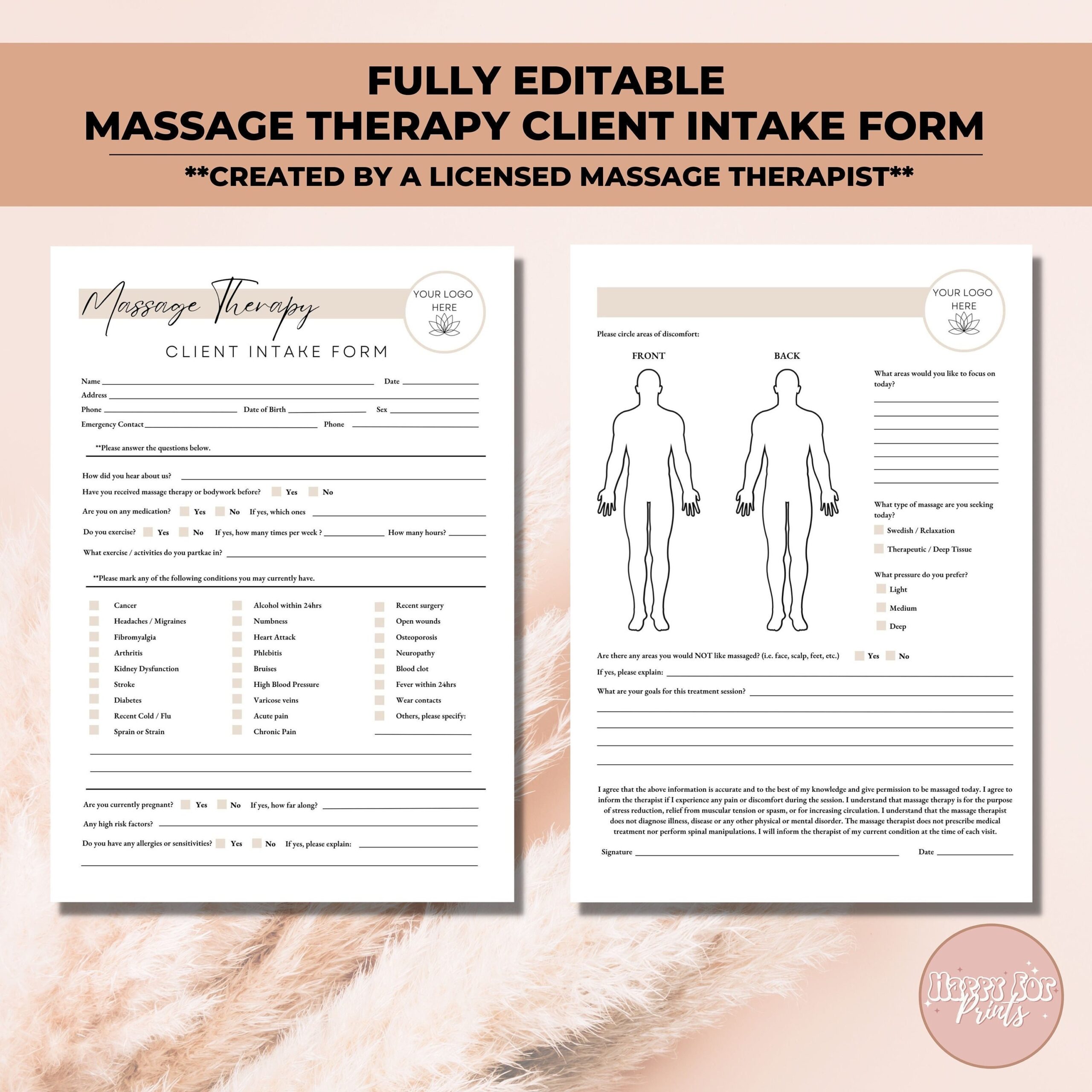 Massage Client Intake And Consent Forms Editable Client Intake Form Massage Therapist Forms Spa Forms Massage Form Template Etsy