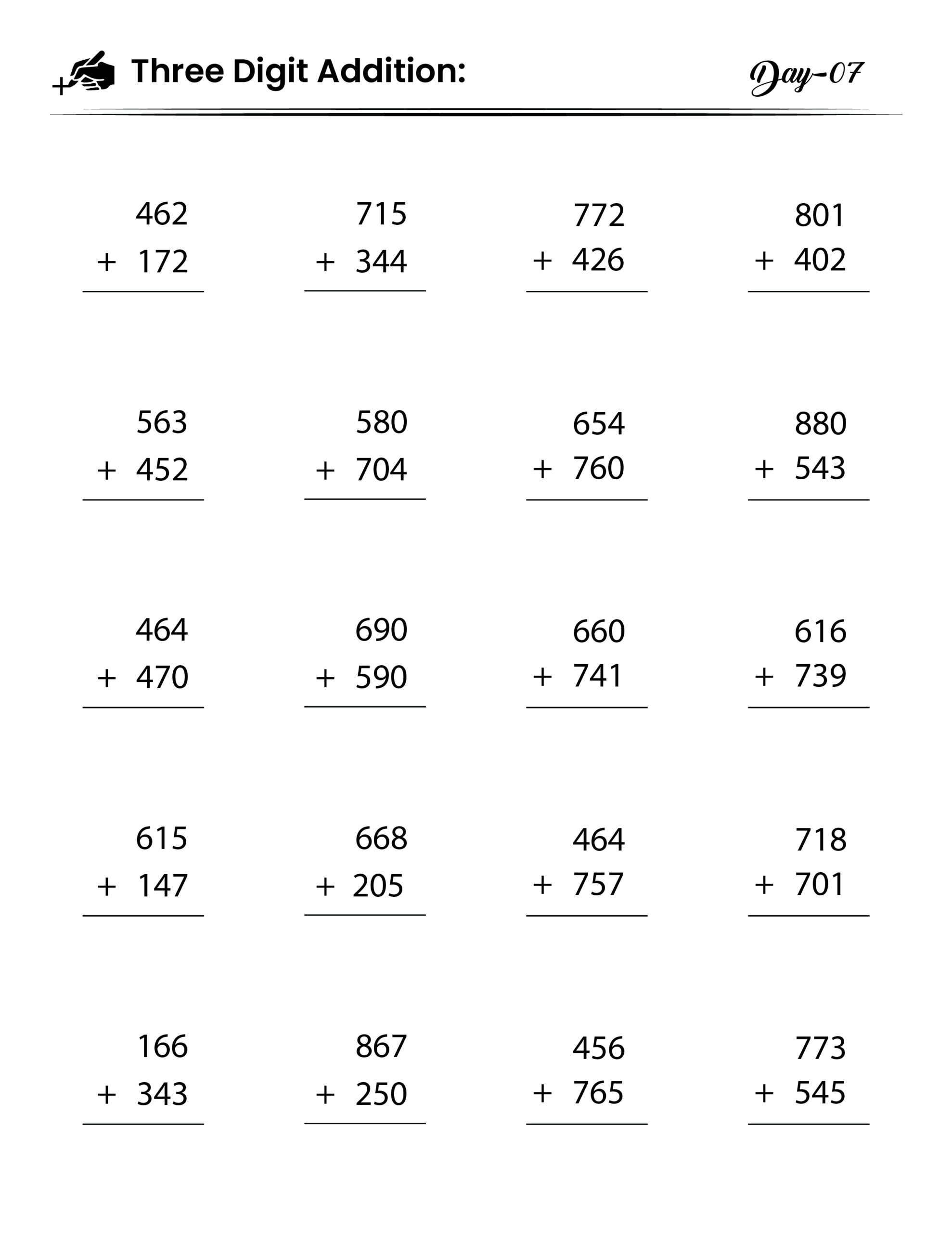 Master Three Digit Addition In 30 Days Printable Worksheets Challenge Made By Teachers