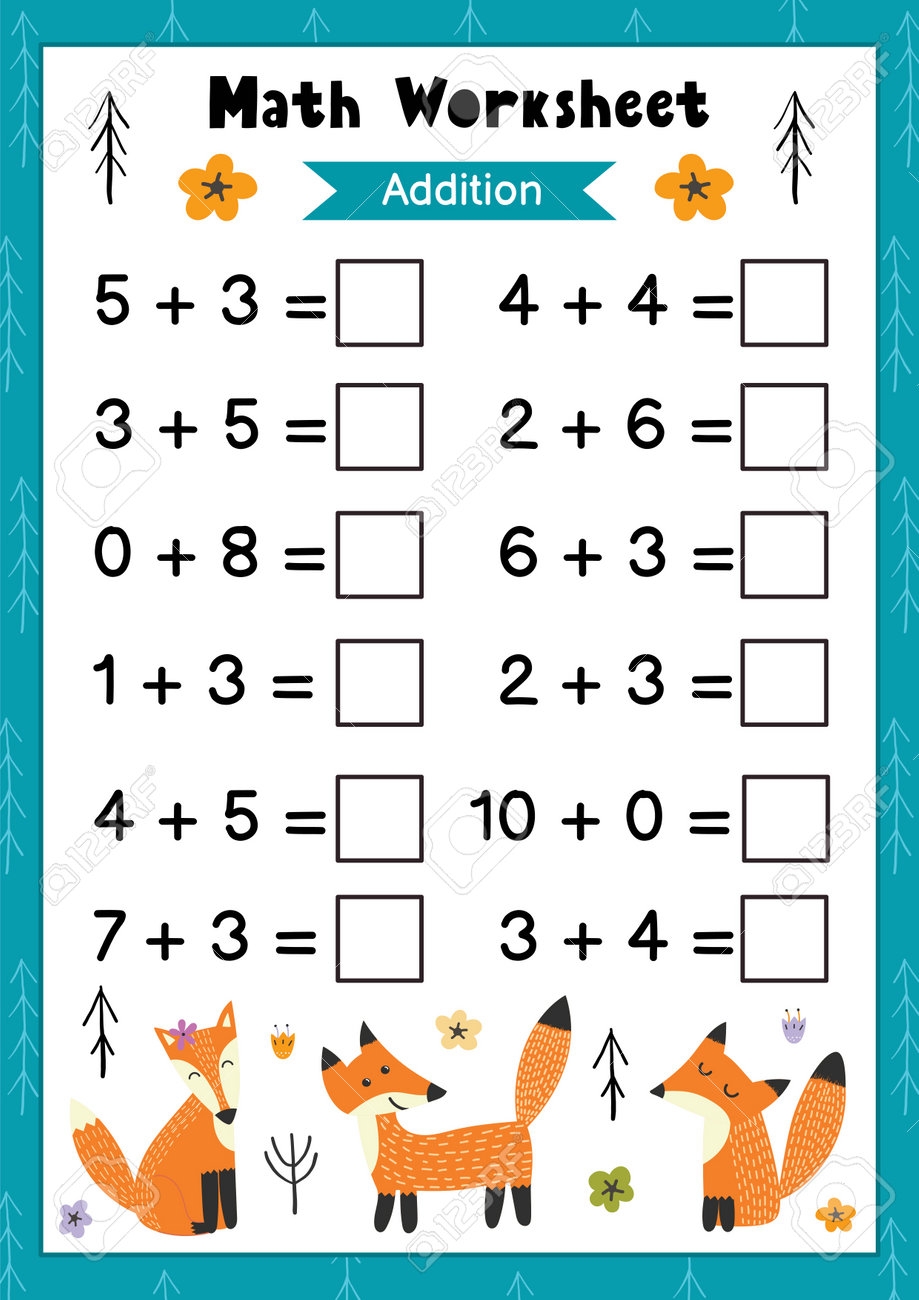 Math Worksheet For Kids Addition Mathematic Activity Page With Cute Foxes Royalty Free SVG Cliparts Vectors And Stock Illustration Image 162428622 