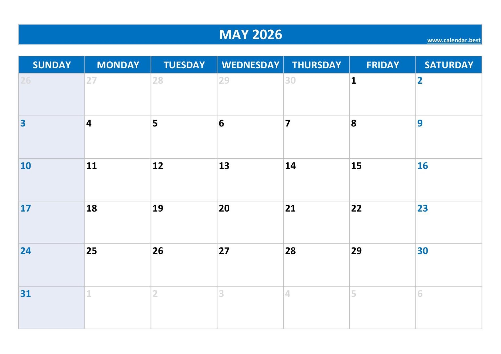 2026 May Calendar Printable