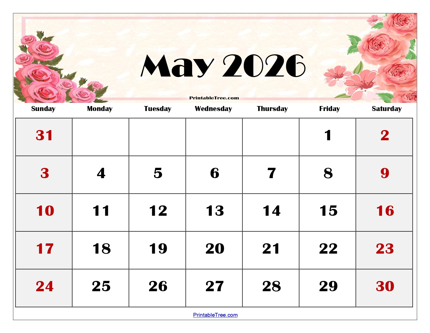 Blank May 2026 Calendar Printable