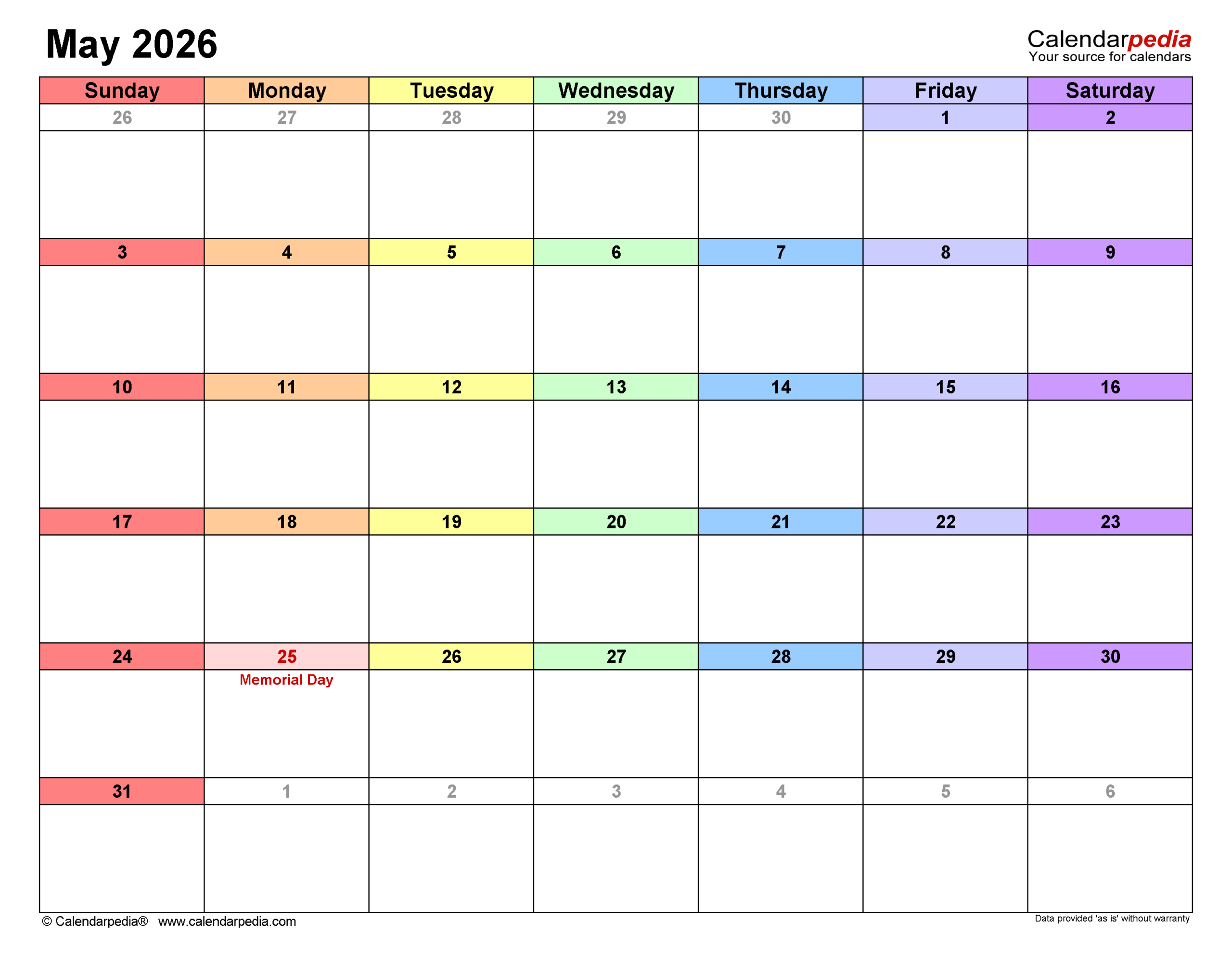 Free Printable Calendar May 2026