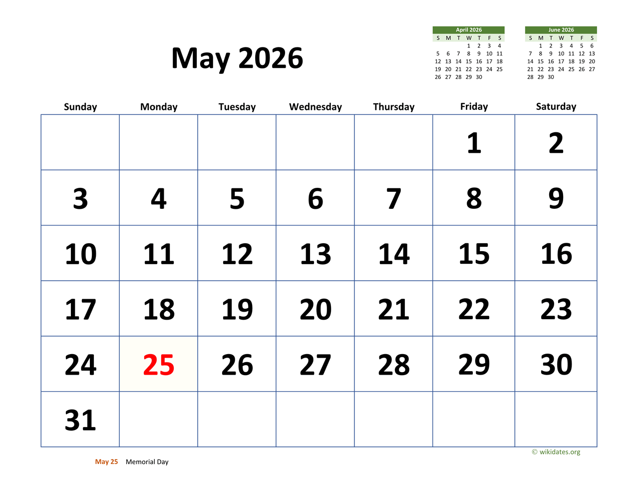 may 2026 calendar with extra large dates wikidates