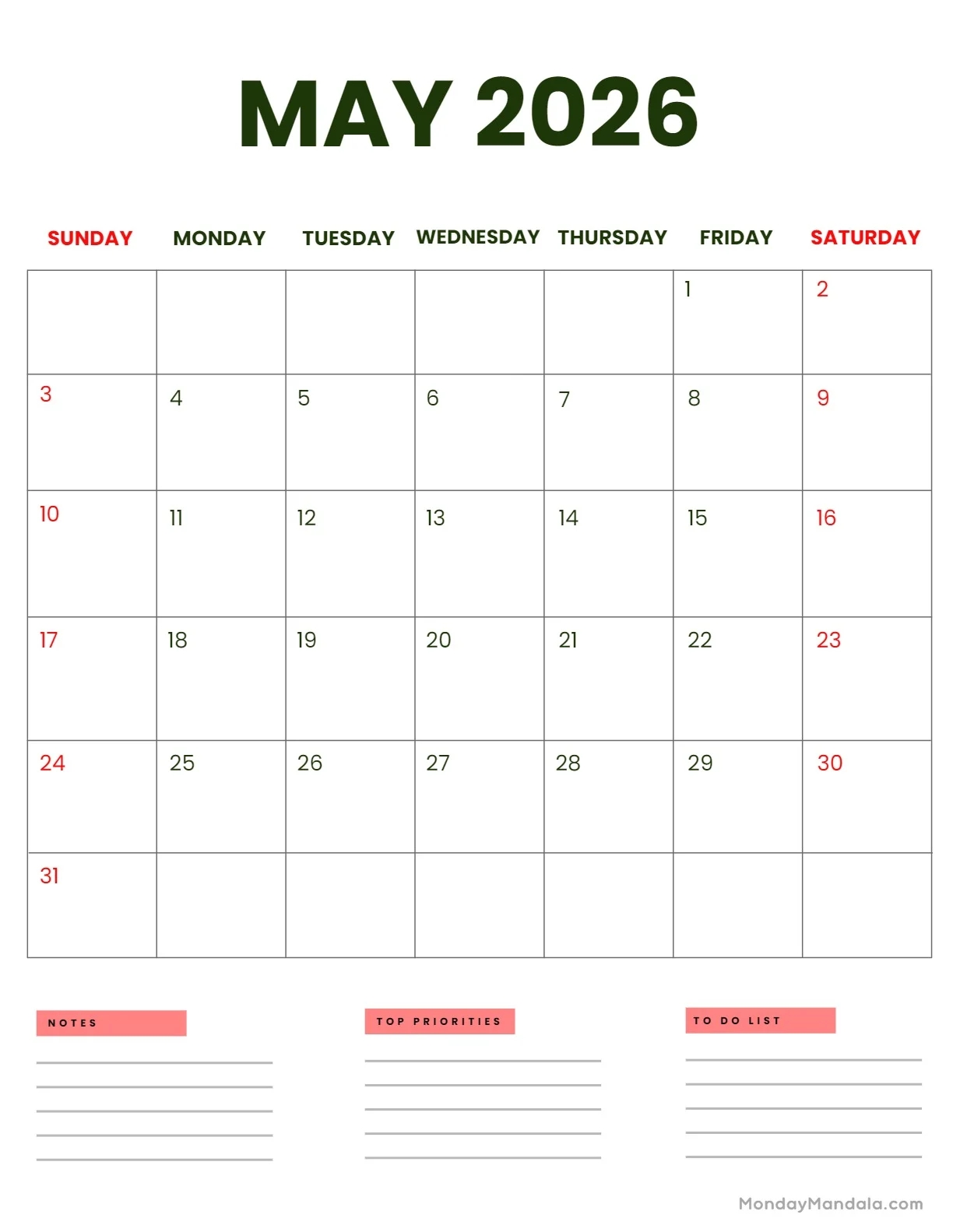 may 2026 calendars 52 free pdf printables
