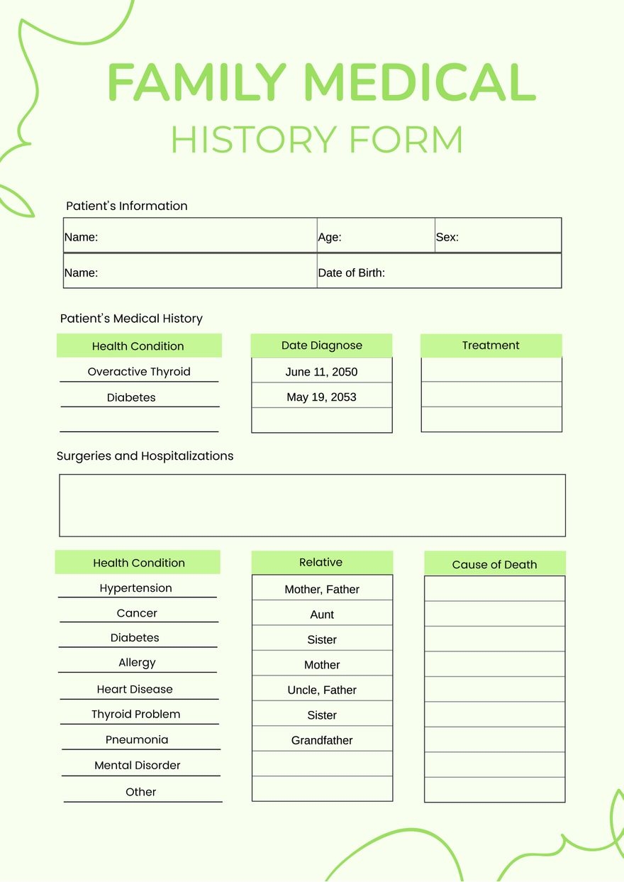 Printable Family Medical History Form Template