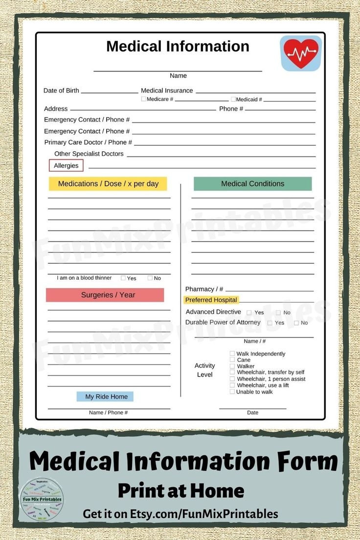 Medical Information Form Emergency Medical Form Printable
