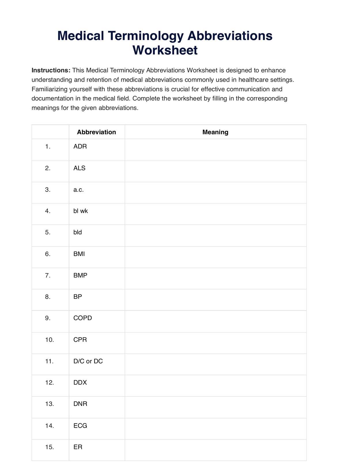 Medical Terminology Abbreviations Worksheet Example Free PDF Download