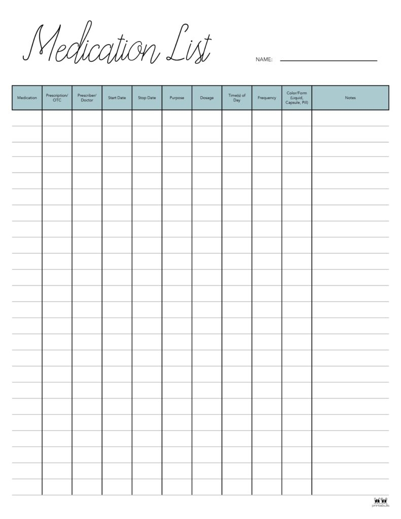 Medication List Templates 25 FREE Printables Printabulls