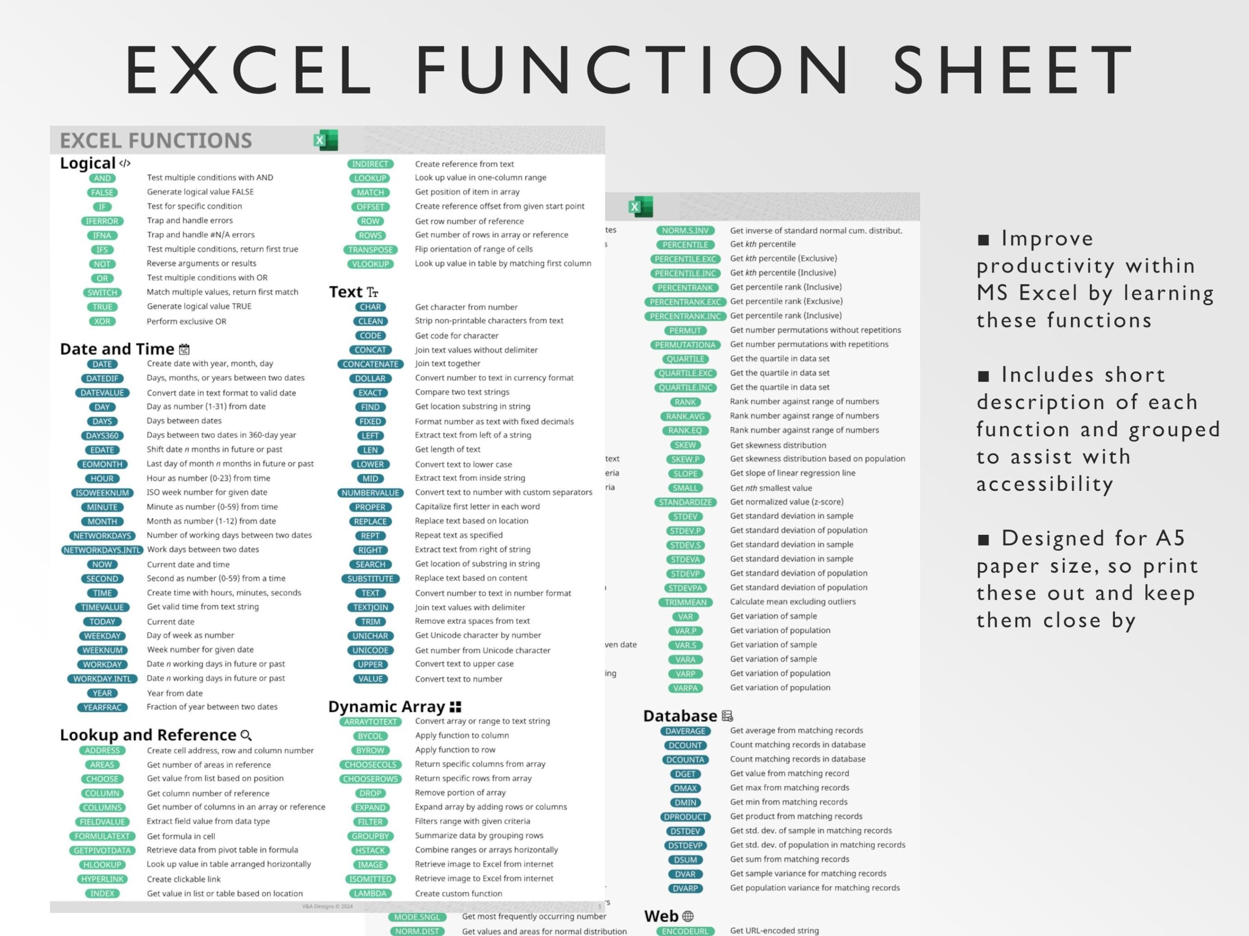 Microsoft Excel Functions Printable Excel Cheat Sheet Workbook Productivity Excel Formulas Windows Mac Excel Ninja Green Etsy