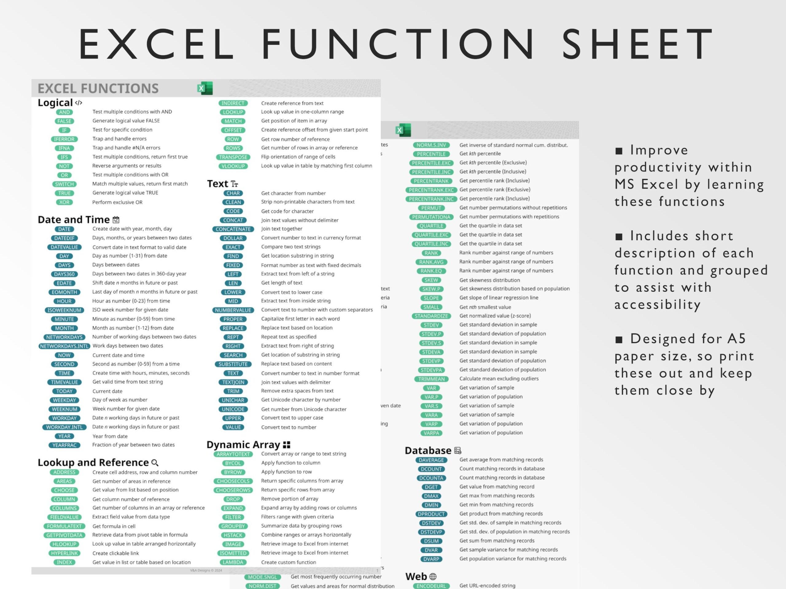 Microsoft Excel Functions Printable Excel Cheat Sheet Workbook Productivity Excel Formulas Windows Mac Excel Ninja Green Etsy