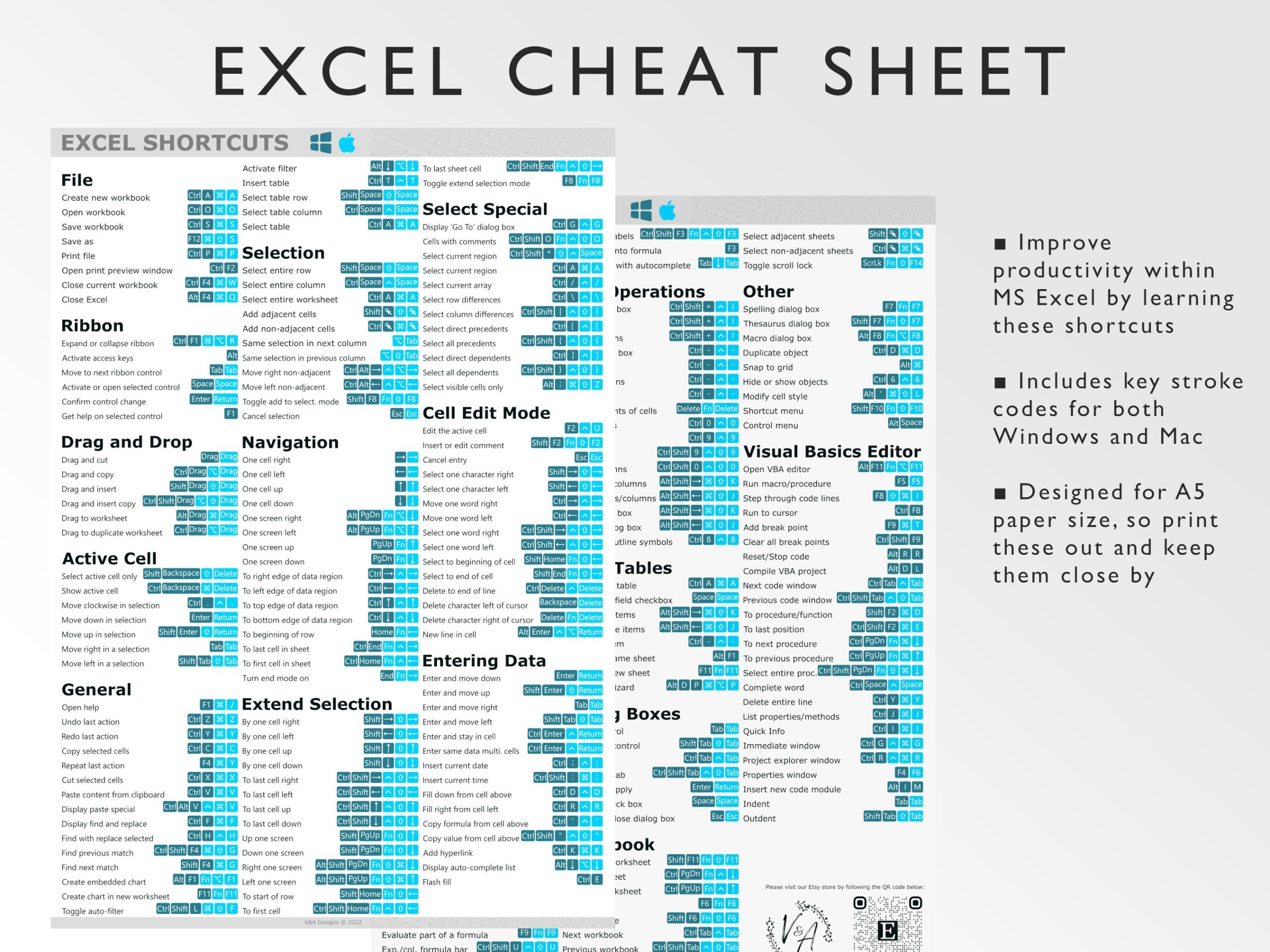Microsoft Excel Shortcuts Printable Excel Cheat Sheet Workbook Productivity Excel Key Strokes Windows Mac Excel Ninja Blue Etsy