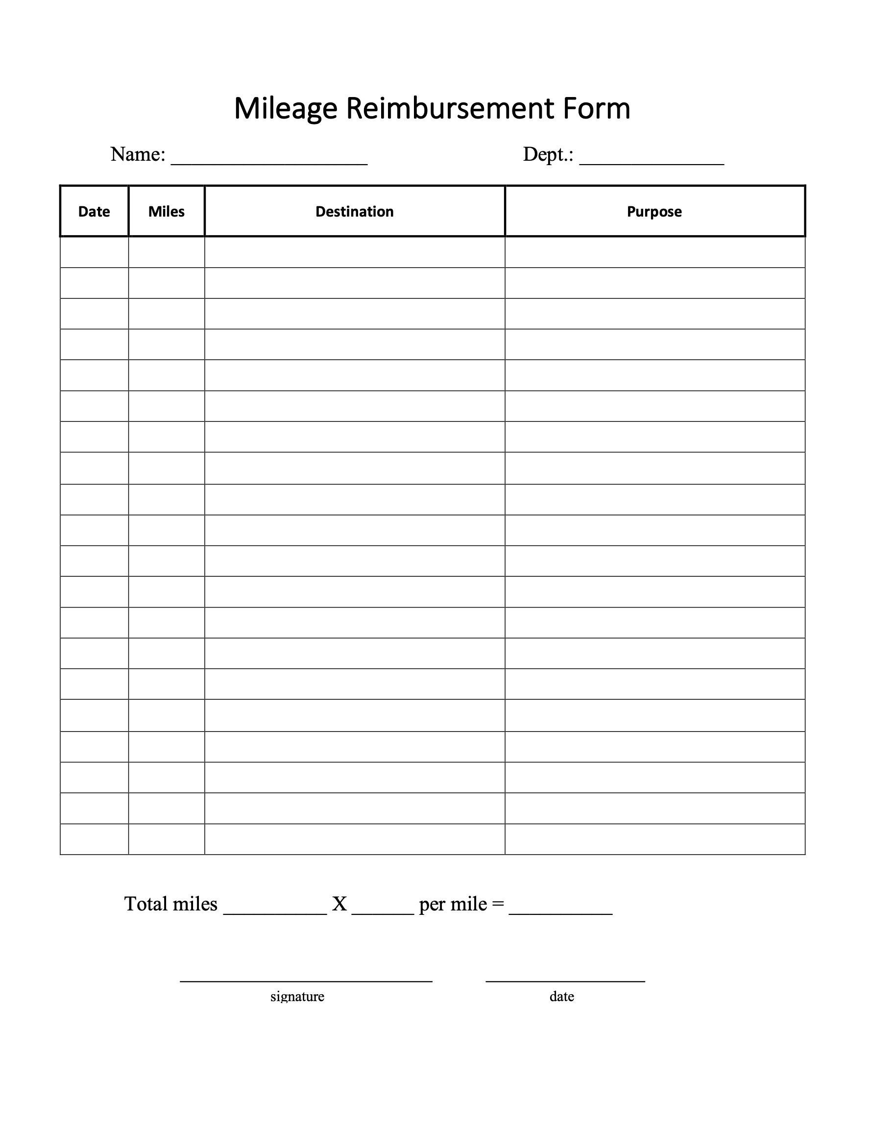 Printable Mileage Reimbursement Form Pdf
