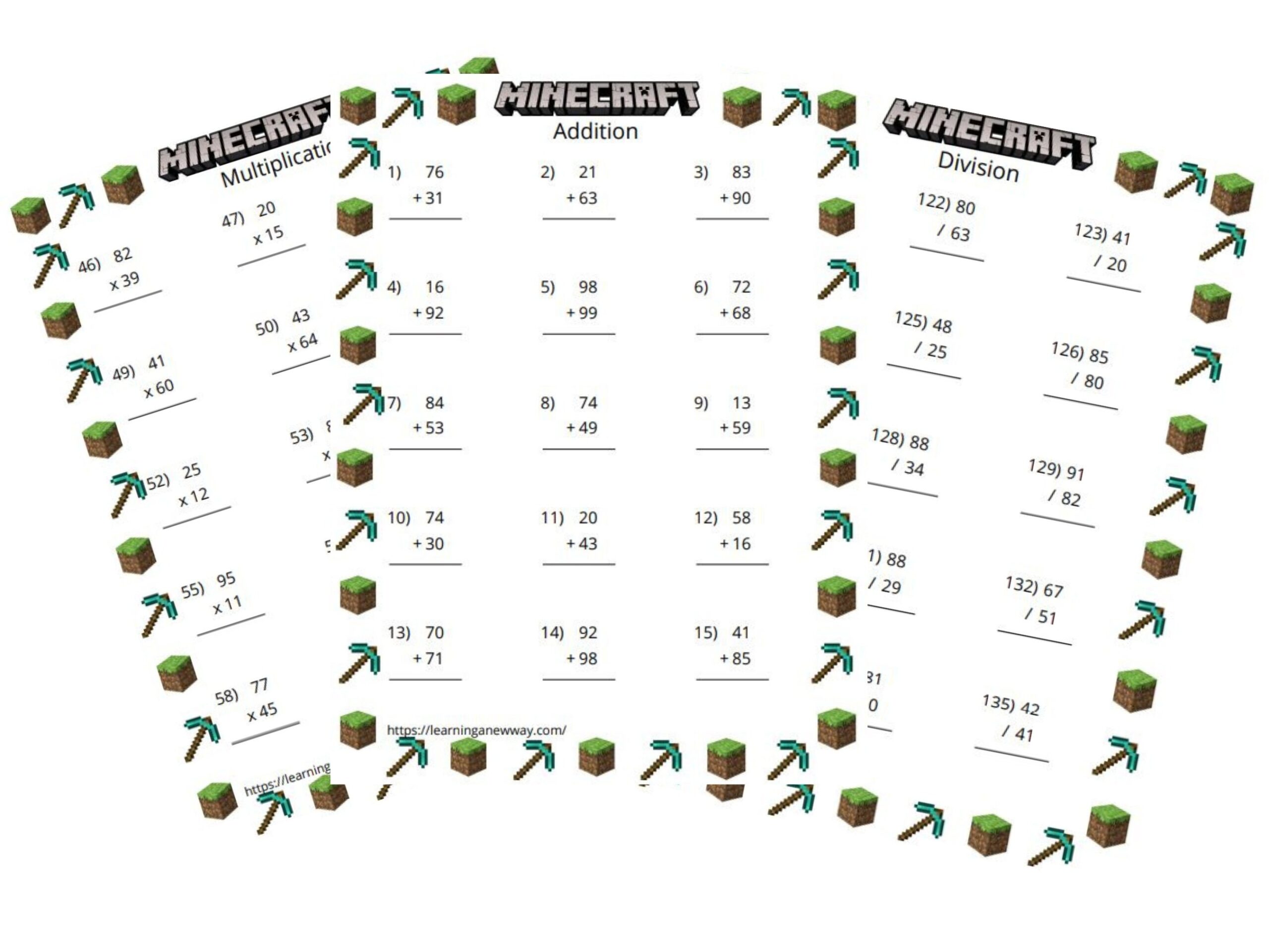 Minecraft Math Worksheets Bundle 400 Pages Of Math Worksheets Including Addition Subtraction Multiplication And Division Math Printable Etsy
