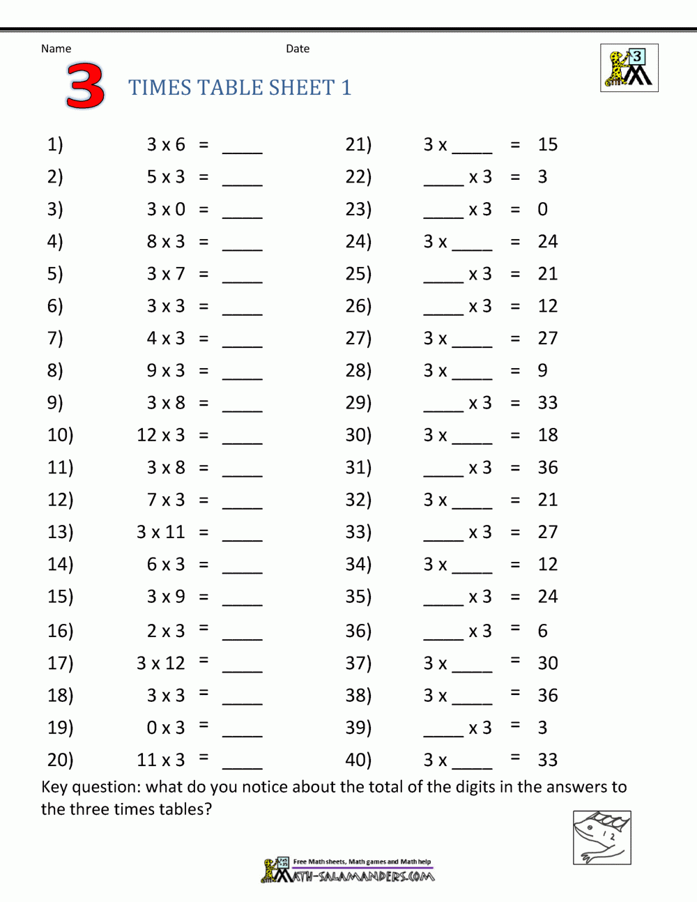 Times Table Worksheet Printable