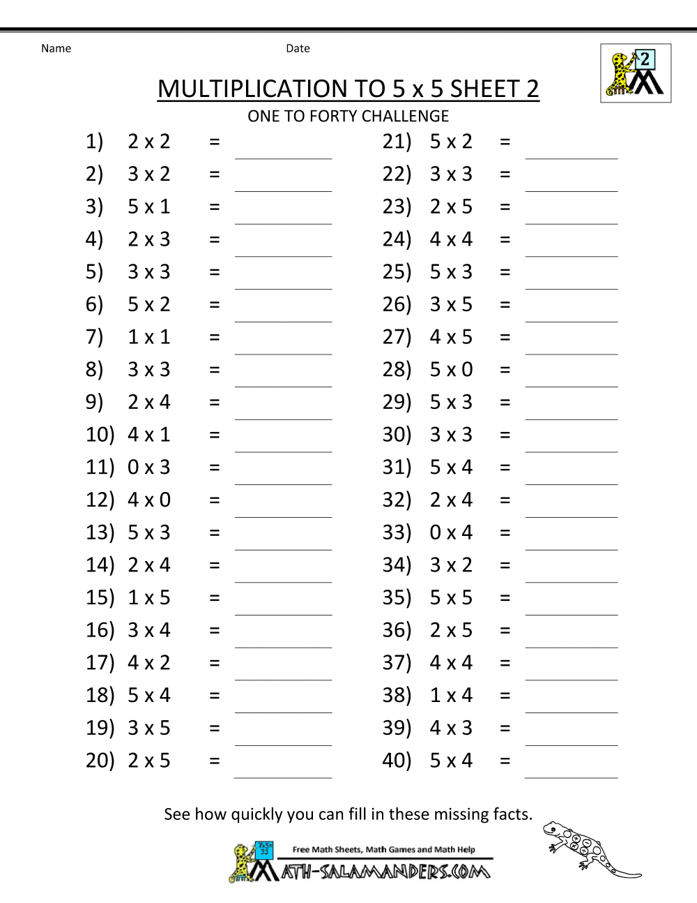 multiplication to 5x5 worksheets for 2nd grade