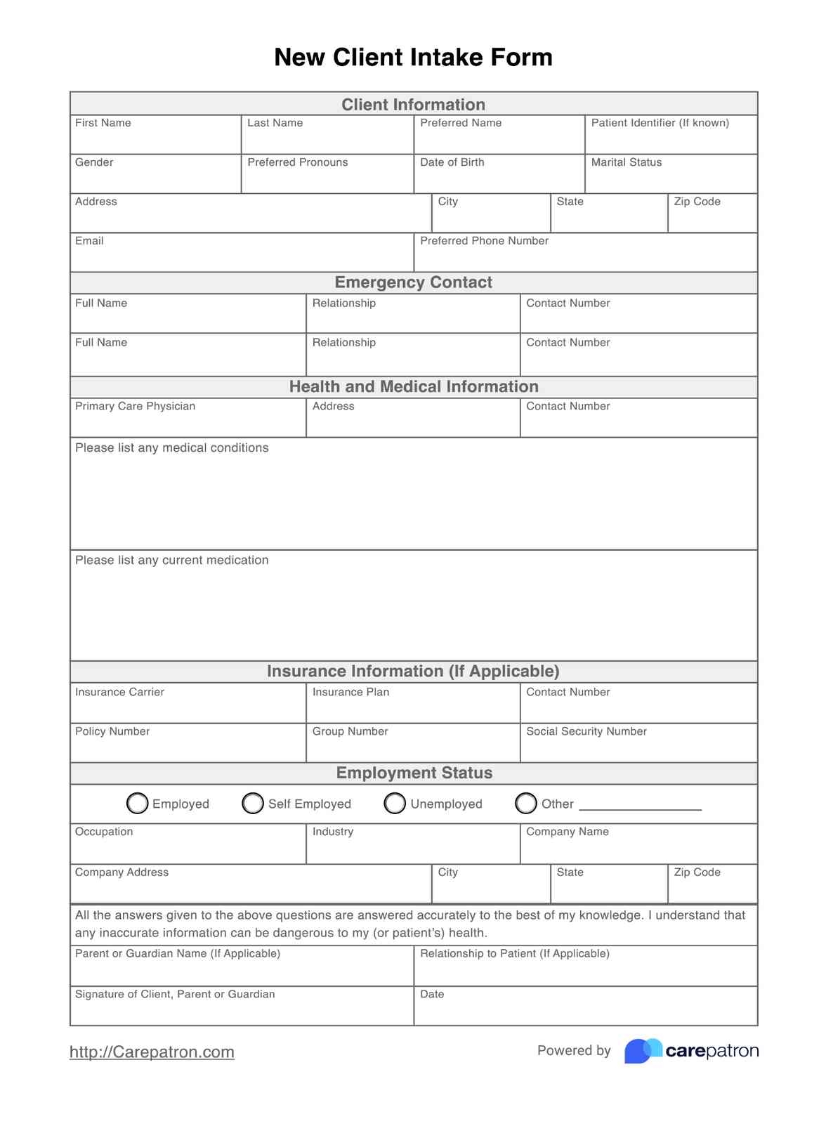 New Client Intake Form Template Free PDF Download