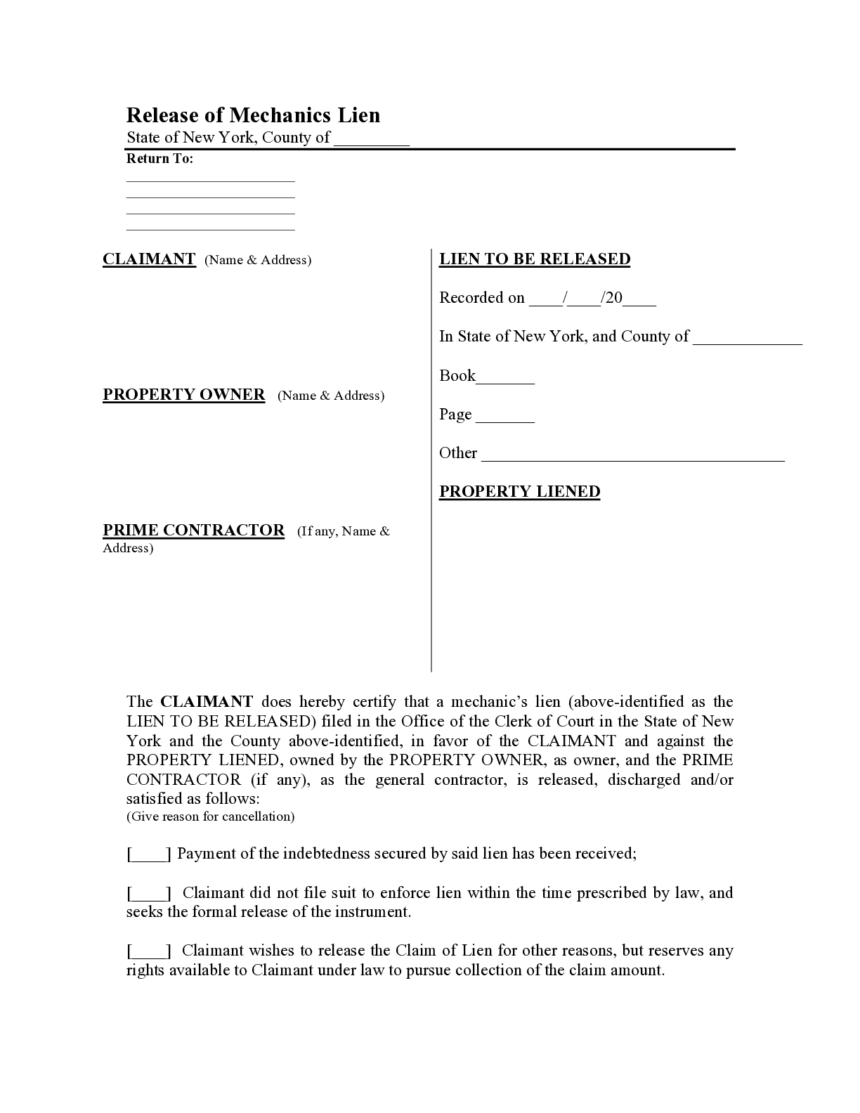 New York Mechanics Lien Release Form Free Template