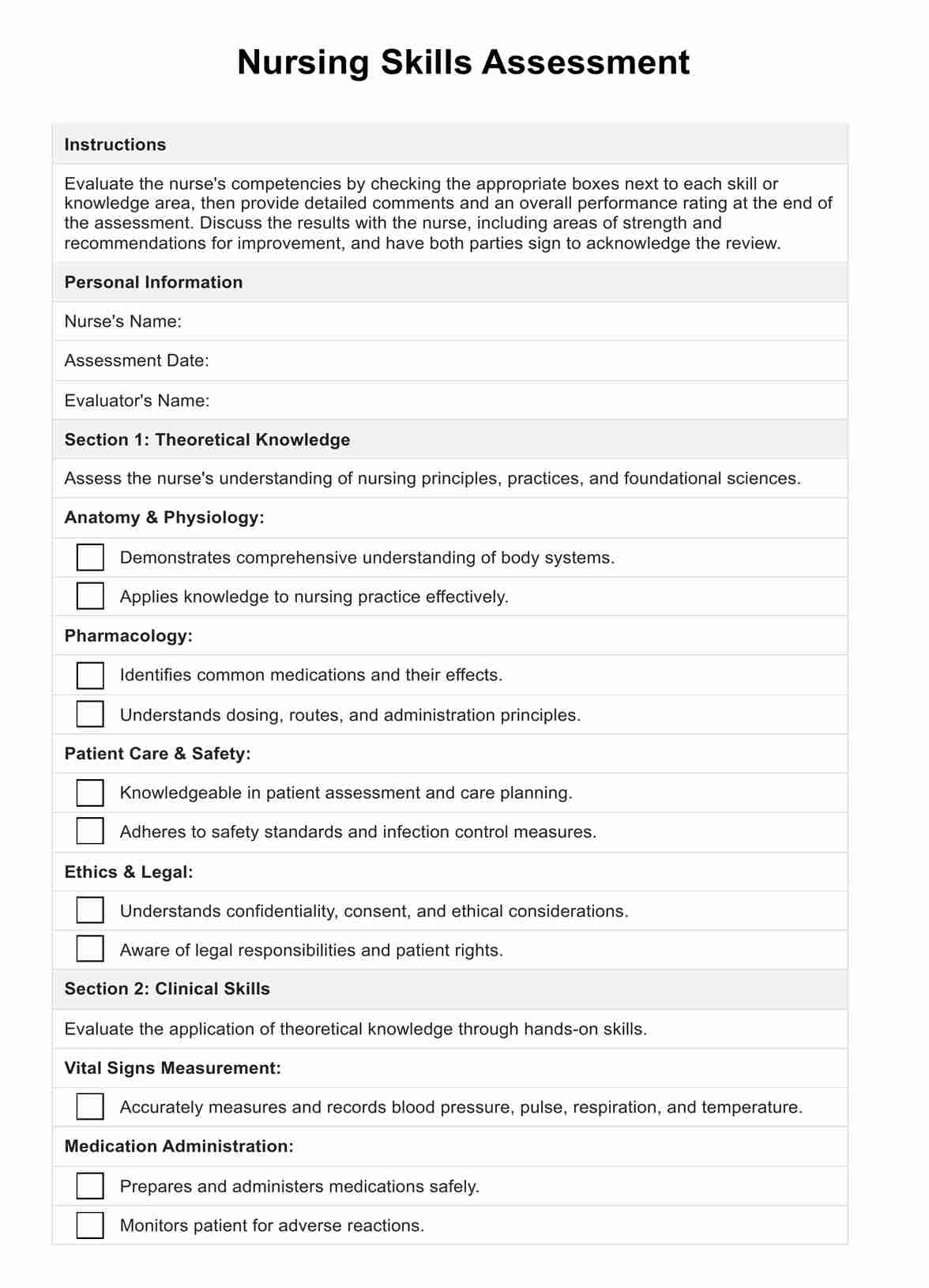 Nursing Skills Assessment Example Free PDF Download