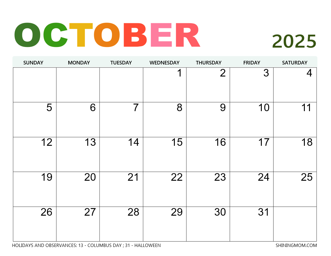 Free Printable October 2025 Calendar