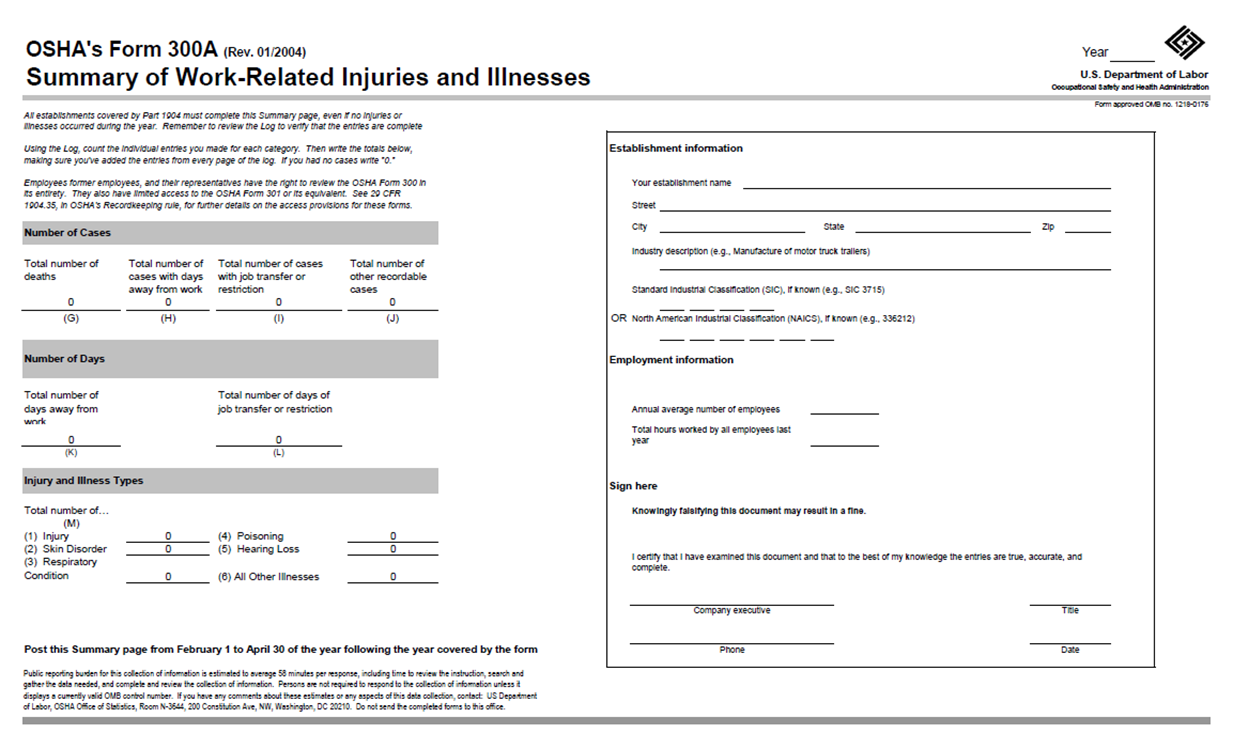 Printable Osha 300a Form
