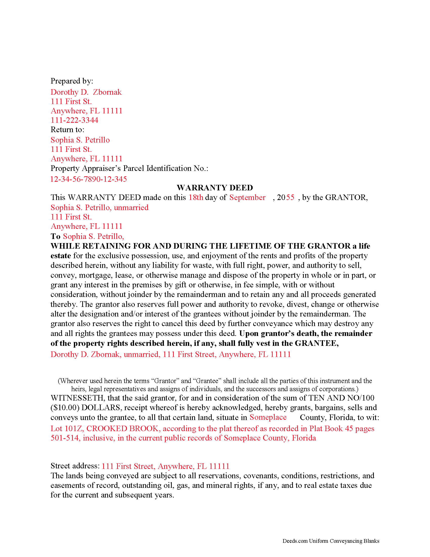 Pinellas County Enhanced Life Estate Deed Ladybird Warranty Deed Form Florida Deeds