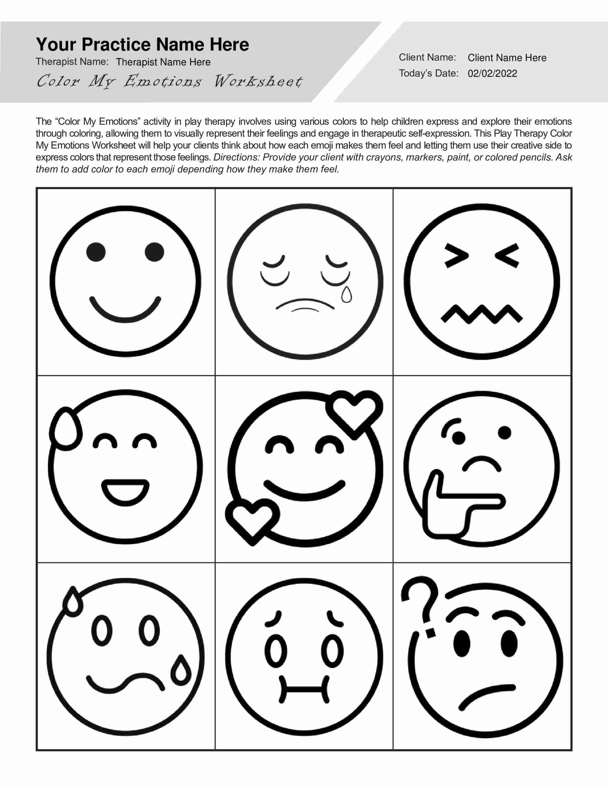 Play Therapy Color My Emotions Worksheet PDF TherapyByPro