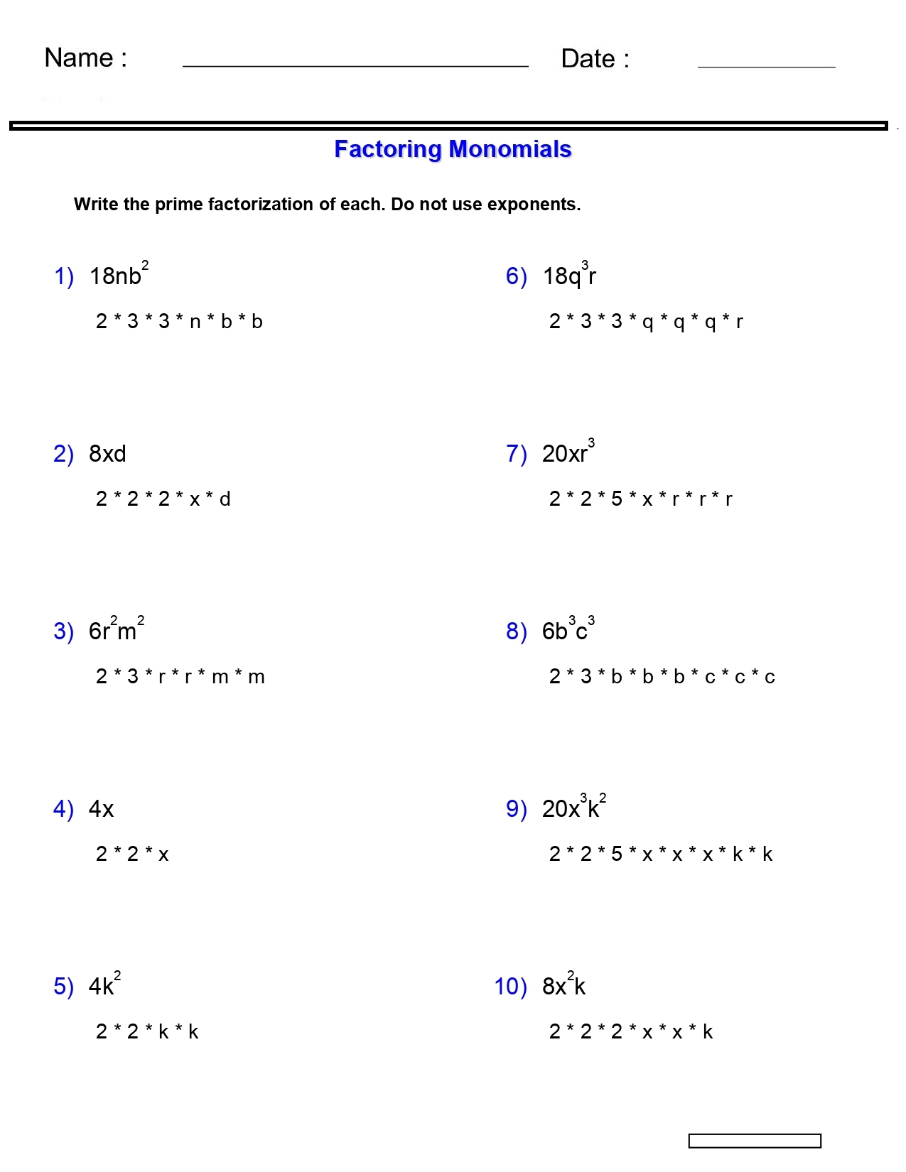 Printable Pre Algebra Worksheets