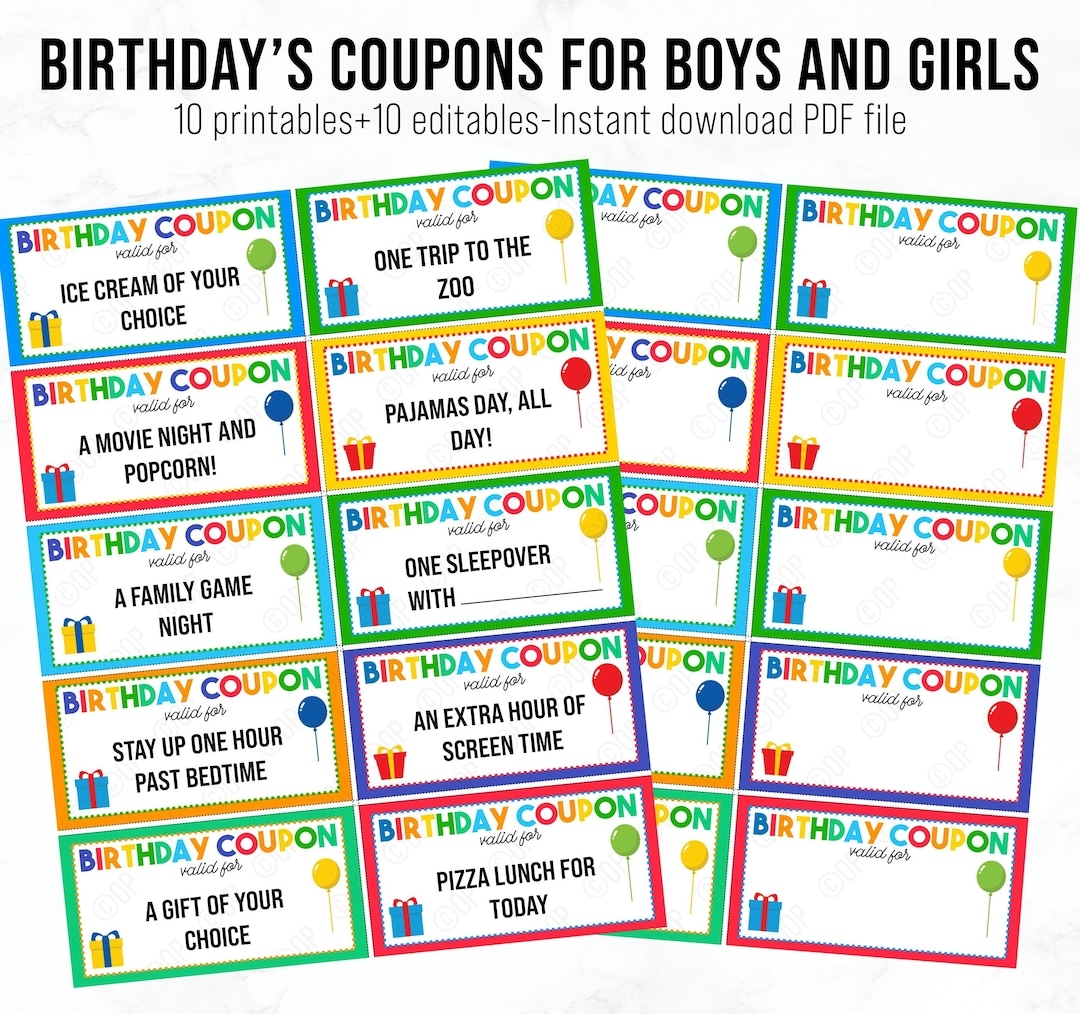 PRINTABLE Birthday Coupons Editable Gift Coupons Birthday Gift Idea For Boys And Girls Birthday Coupons Custom instant Download Etsy