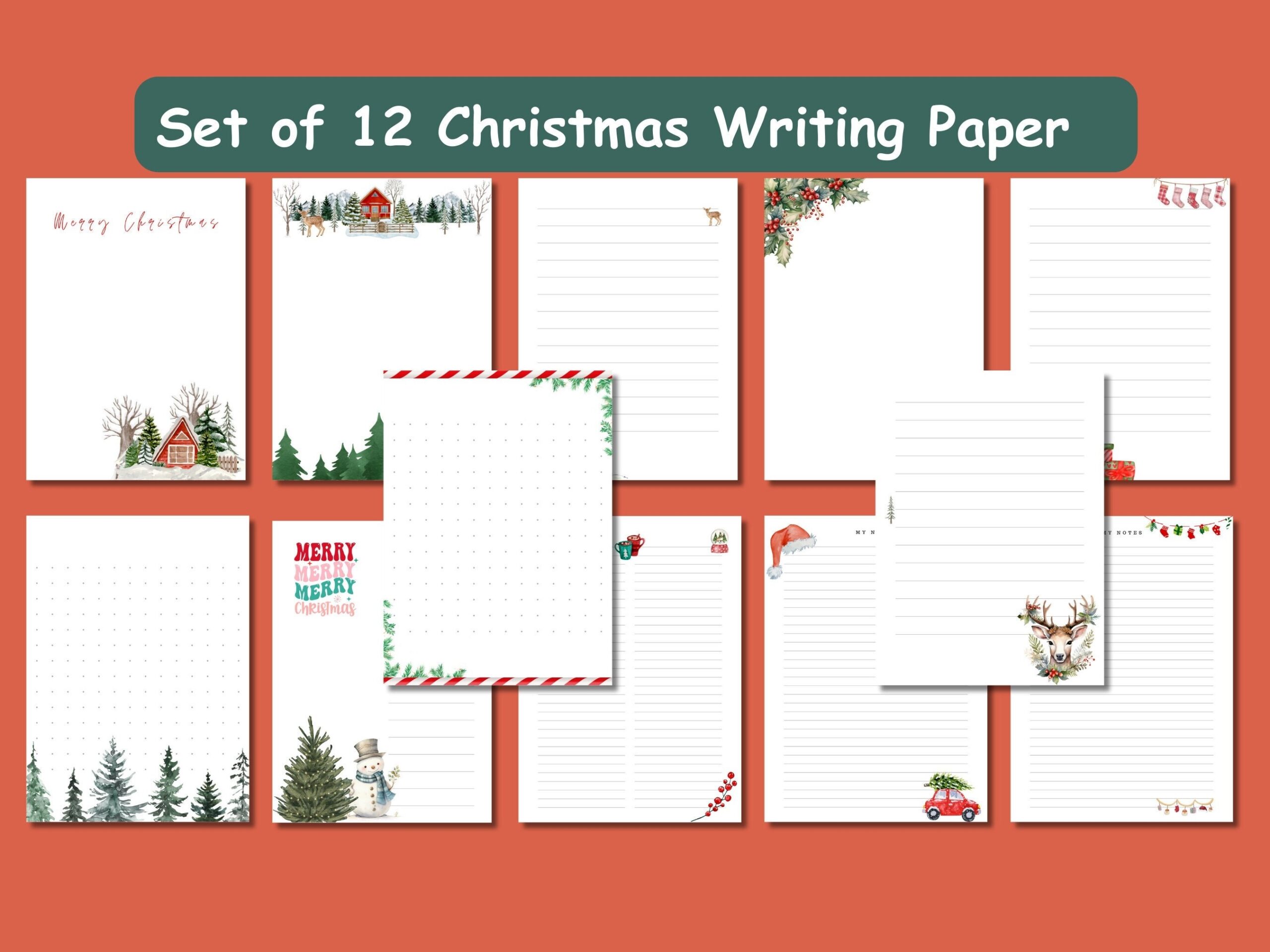 Printable Christmas Writing Paper Letter Writing Stationery Christmas Digital Paper Lined unlined notes checklist Journal Scrapbook Etsy