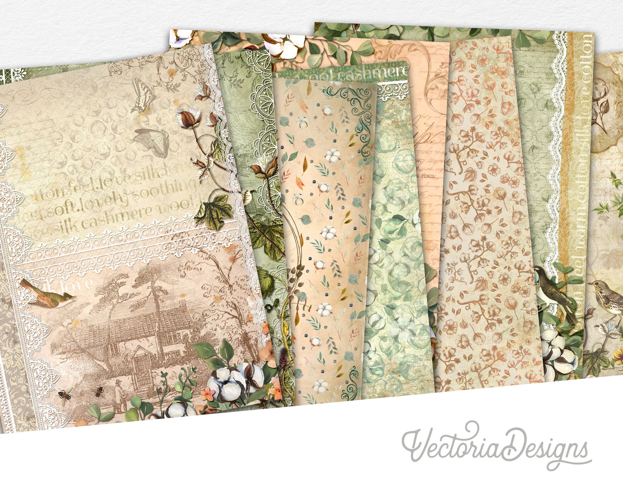 Printable Cute Cotton Paper Junk Journal Pages DIY Crafting Digital Journaling Scrapbooking Kit Vintage Ephemera Embellishments 002174