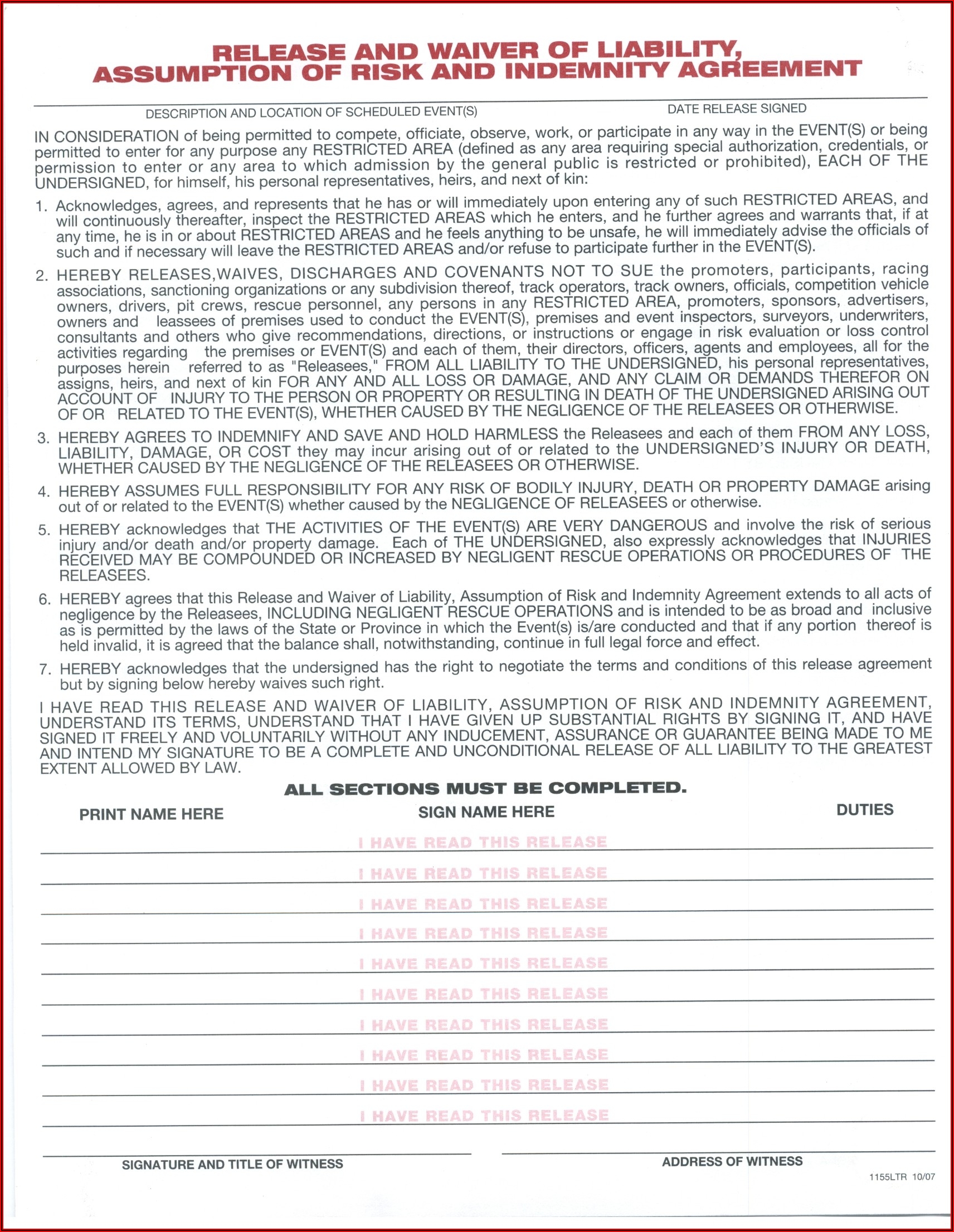Printable Generic Motorcycle Ride Waiver Form