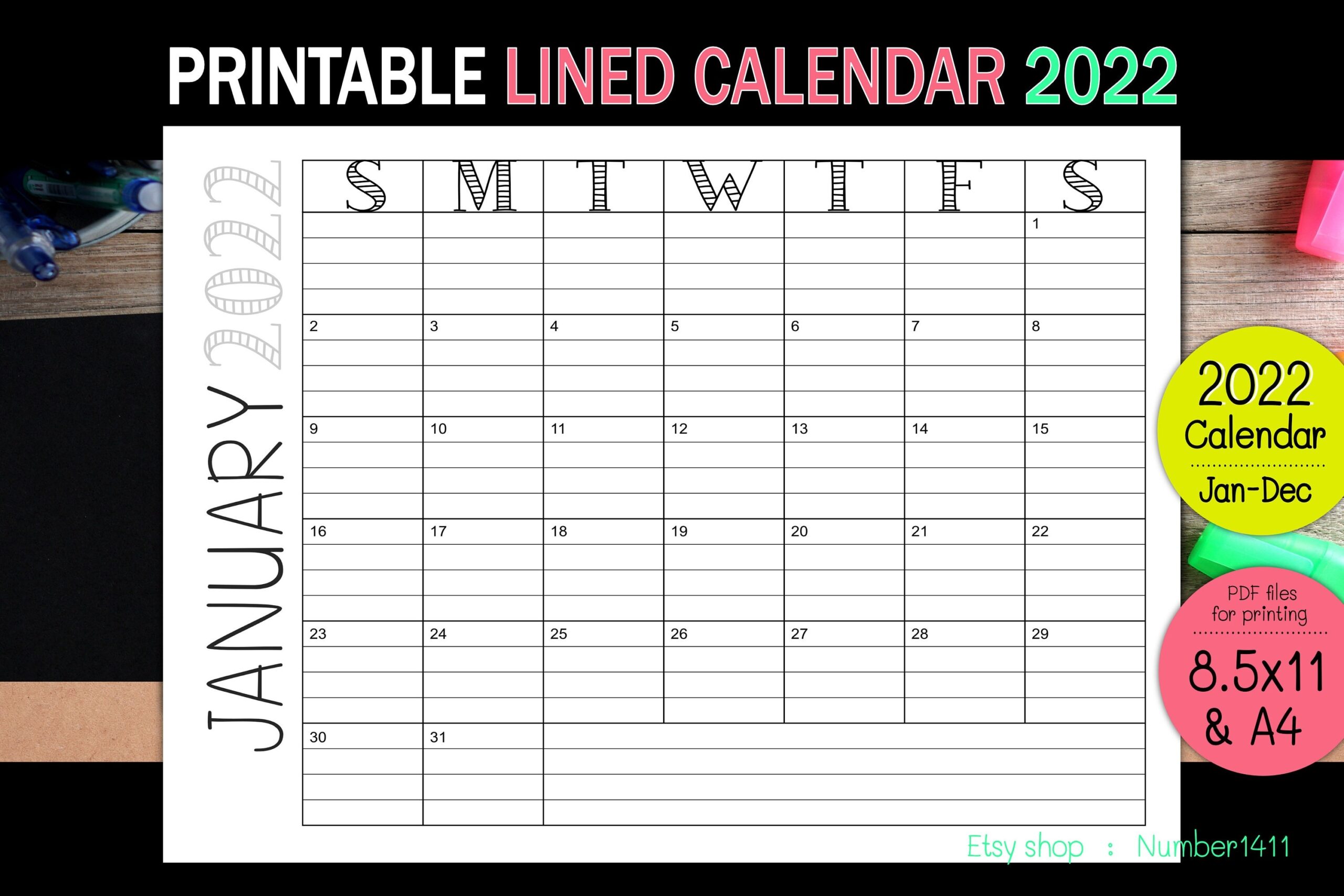 Printable Lined Calendar 2022 L 2022 Monthly Planner L 2022 Calendar Template L JAN DEC L Size 8 5x11 Letter A4 PDF Files For Printing Etsy Israel