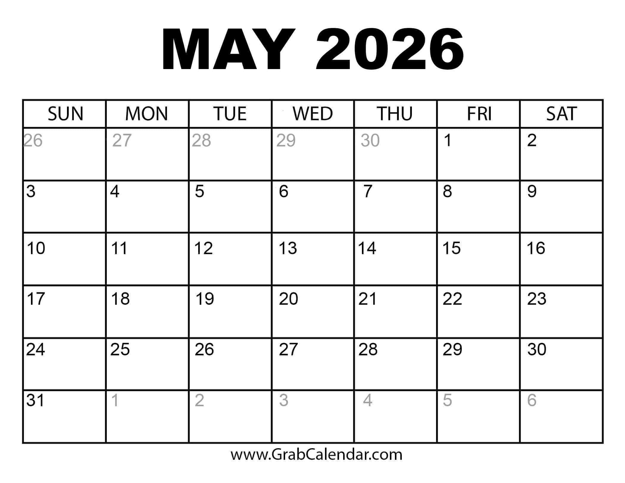 Printable May 2026 Calendar With Holidays