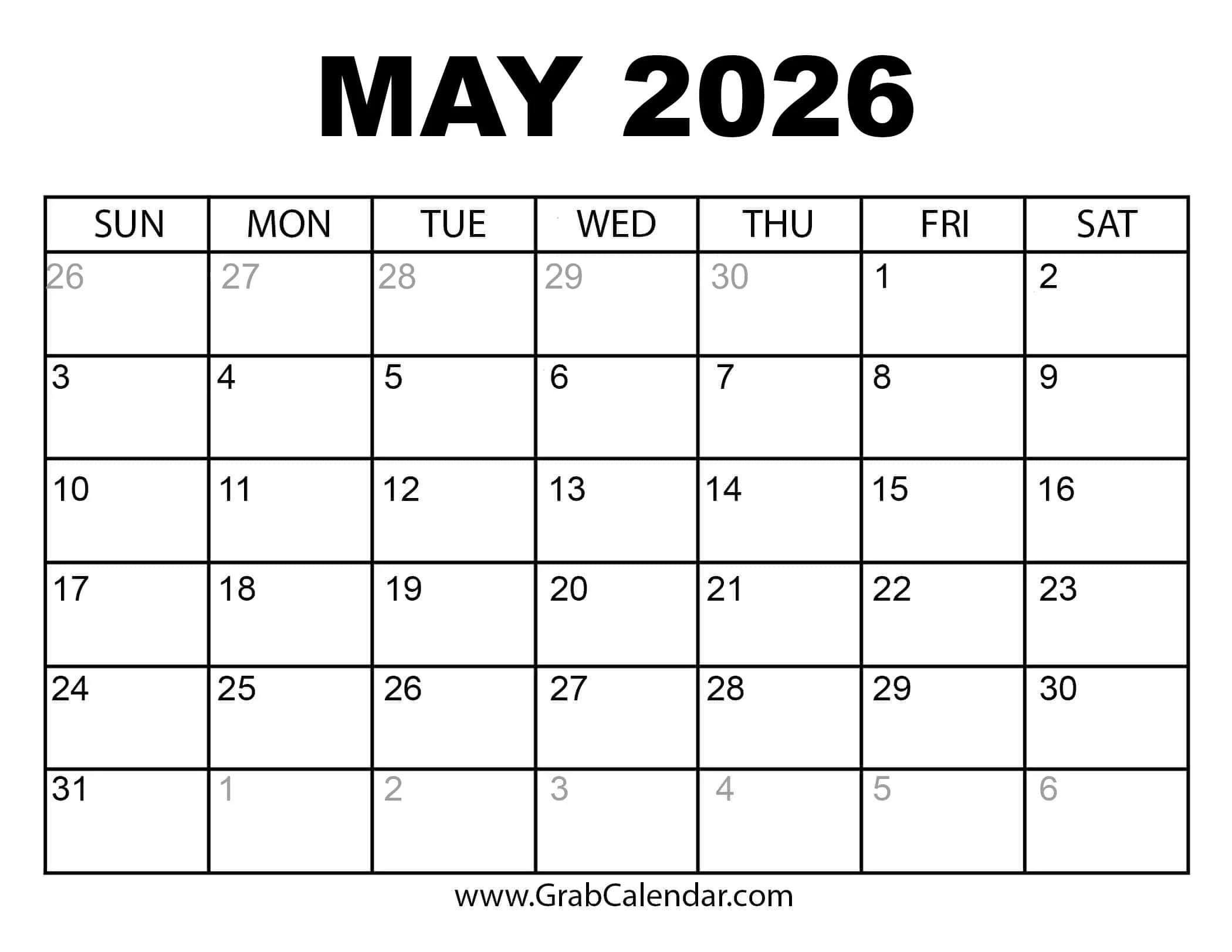 printable may 2026 calendar