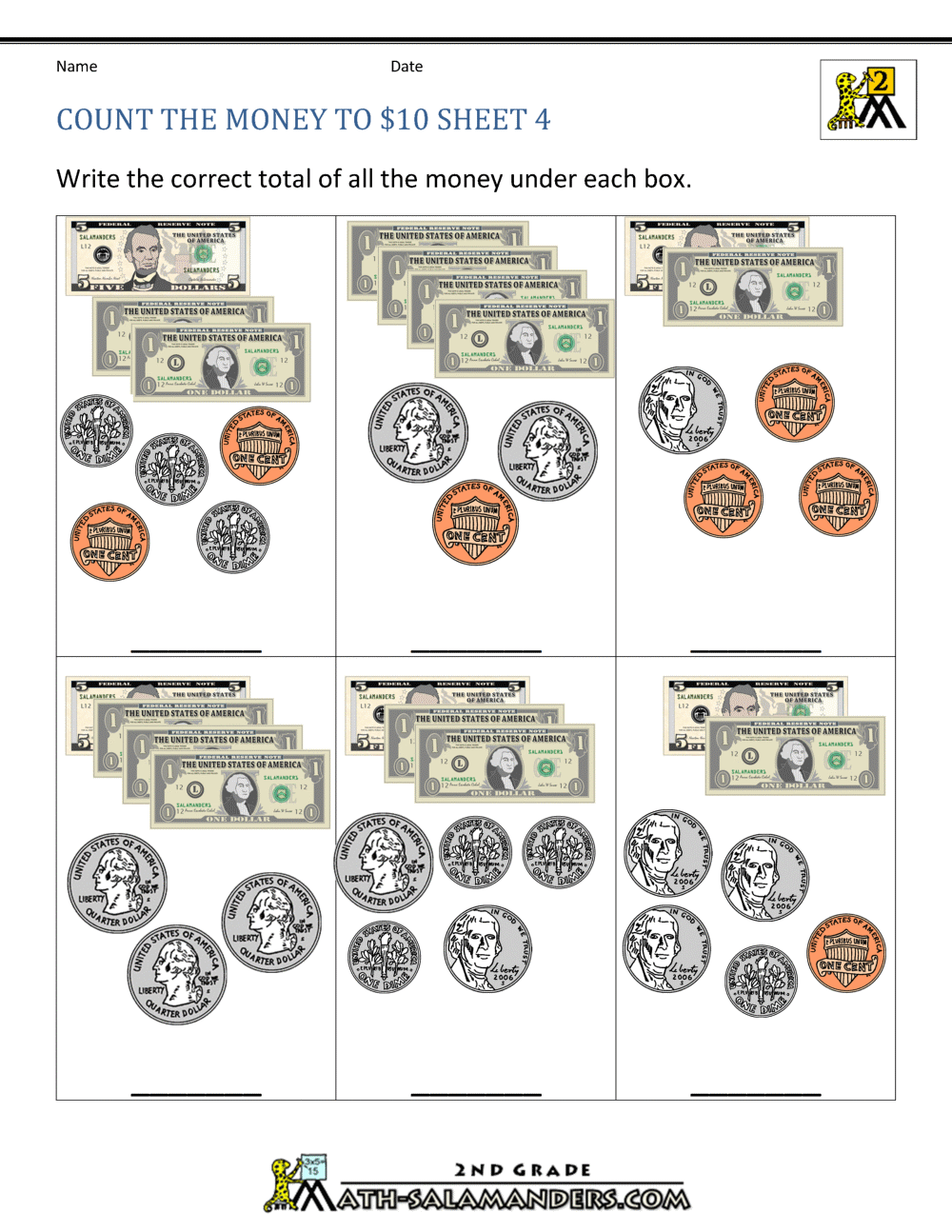printable money worksheets to 10
