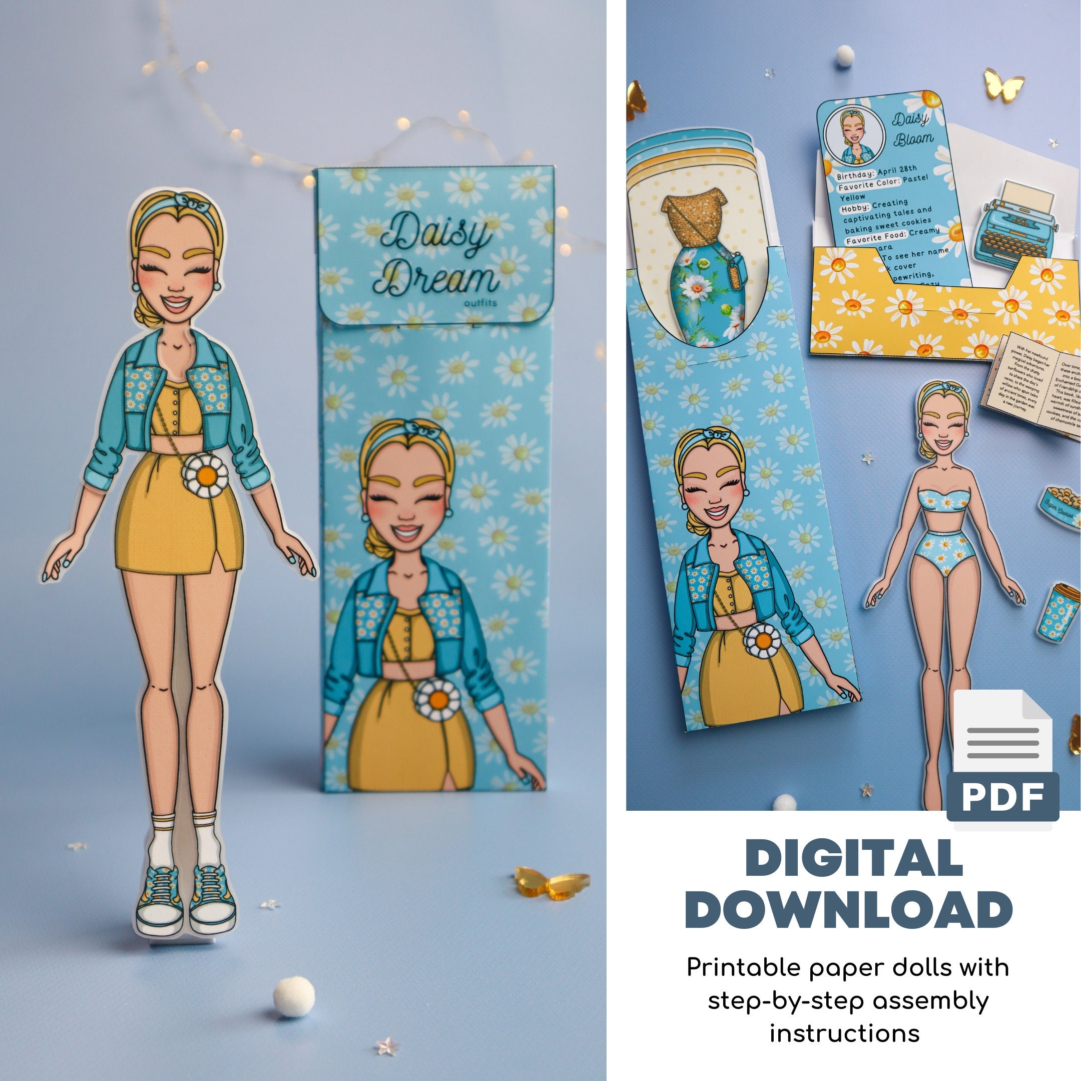 Printable Paper Dolls Dress Up Kit Floral Daisy Outfits DIY Instant Download Etsy