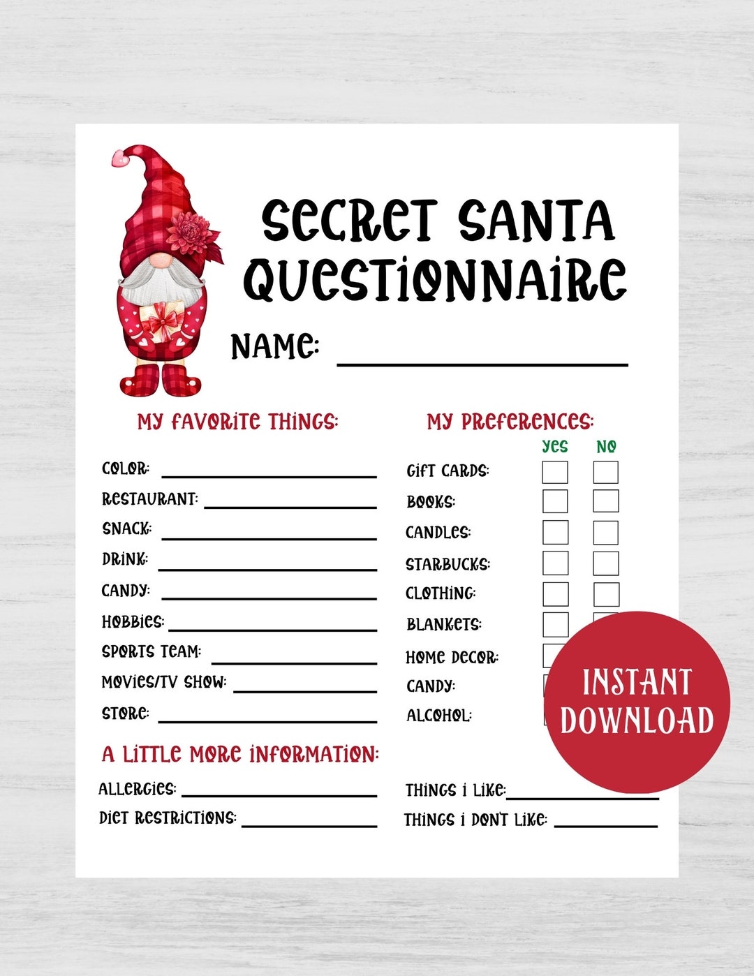 Printable Secret Santa Questionnaire For Christmas Gift Exchange Secret Santa Form Secret Santa For Work Christmas Secret Santa Etsy