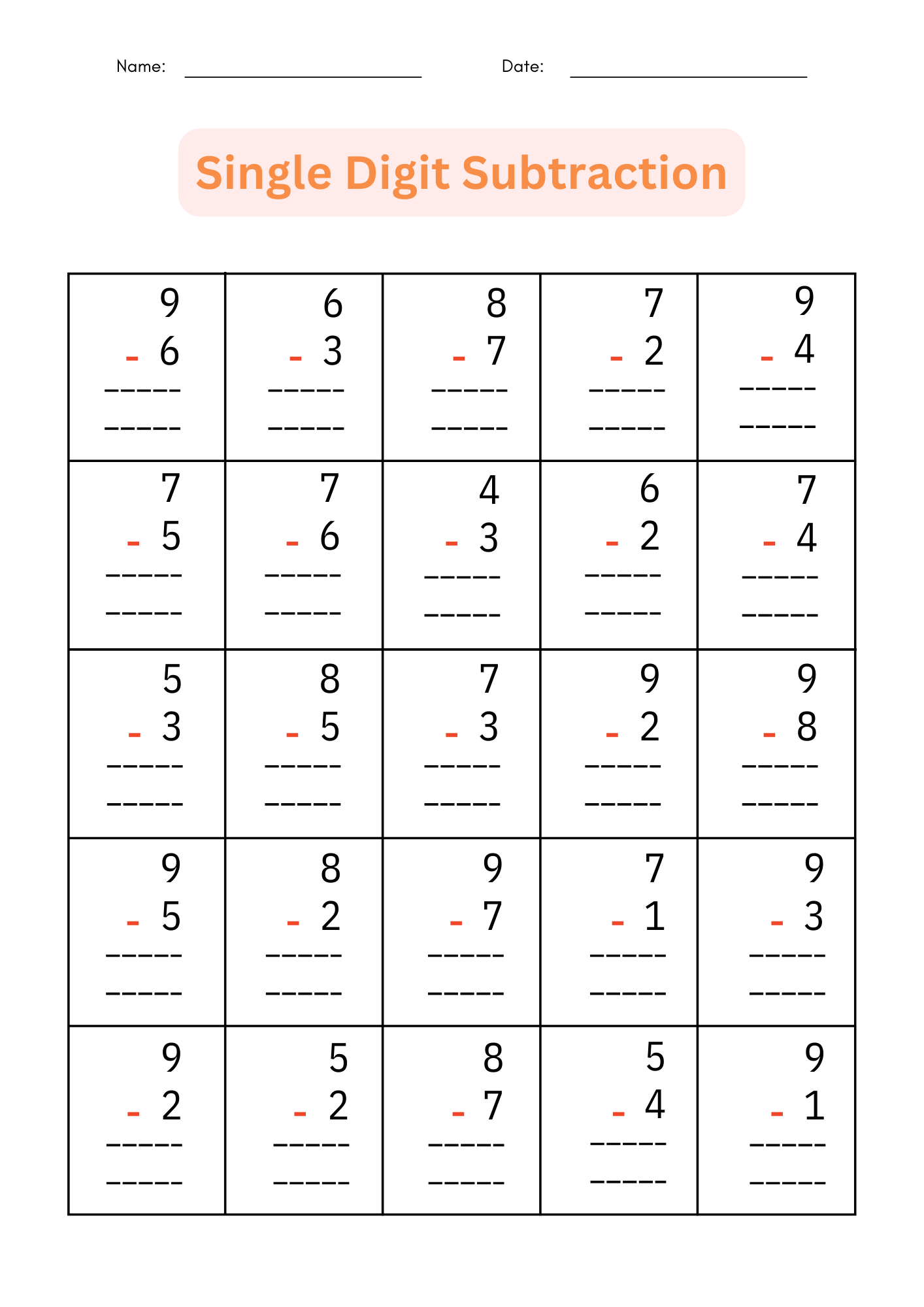 Printable Single Digit Subtraction 1 To 10 Number Math Worksheets For Grade 1 2 Made By Teachers