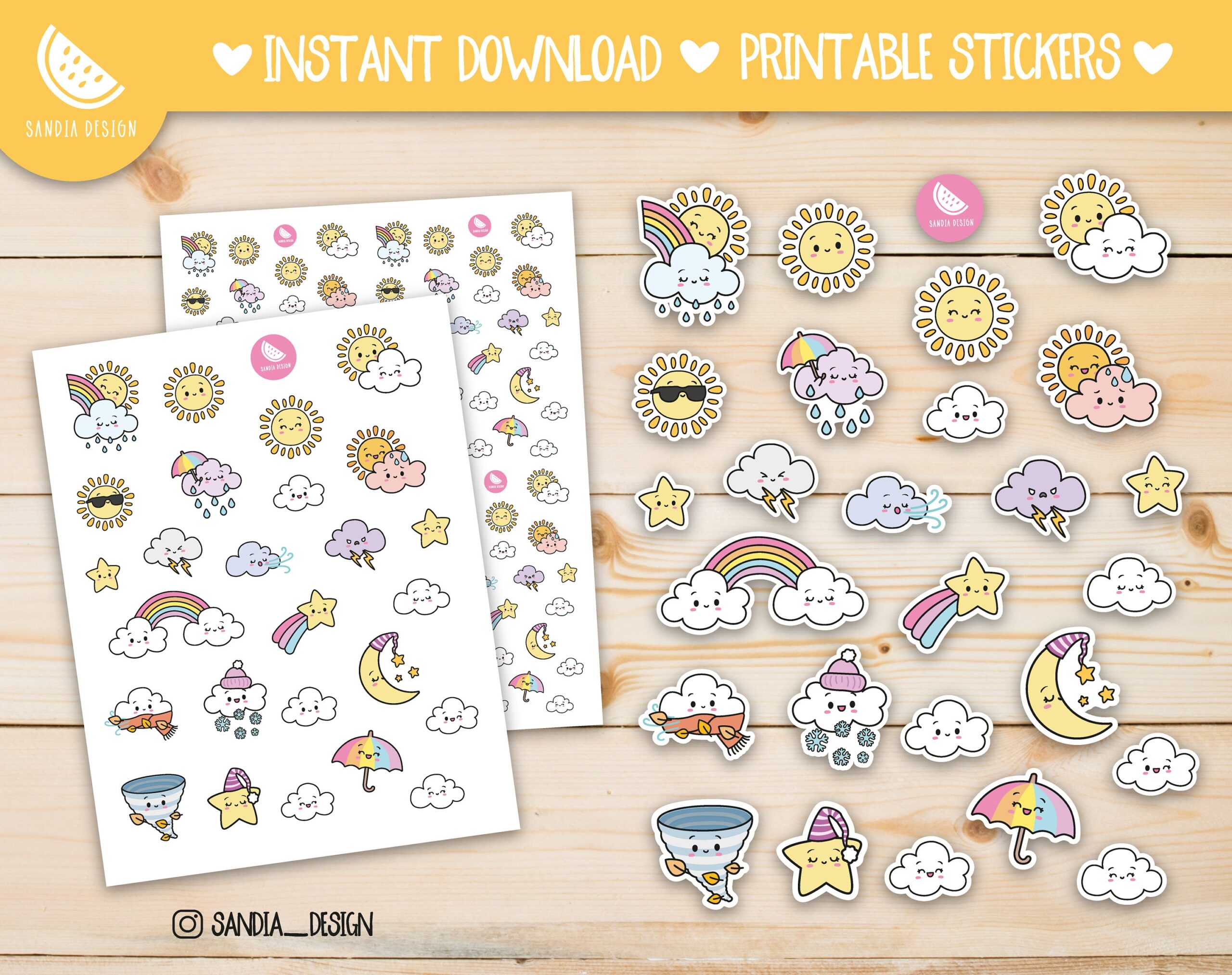 Printable Stickers Sheet Printable Planner Stickers Doodle Kawaii Weather For Personal Use Etsy Denmark