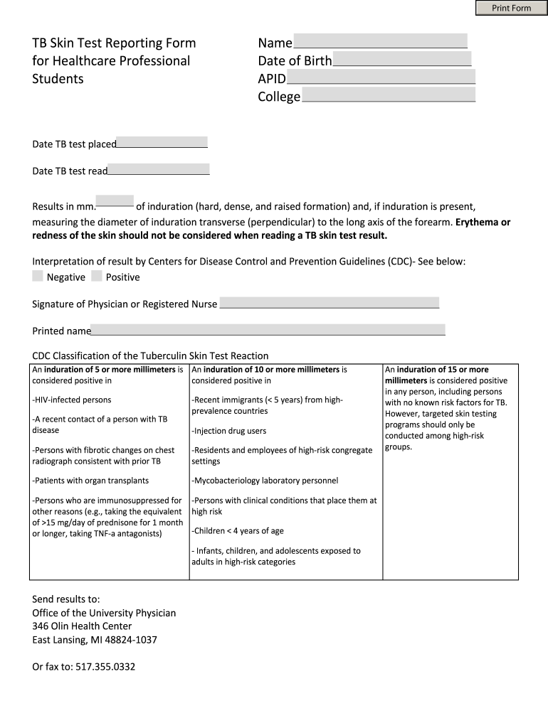 Employment Blank Free Printable Tb Test Form