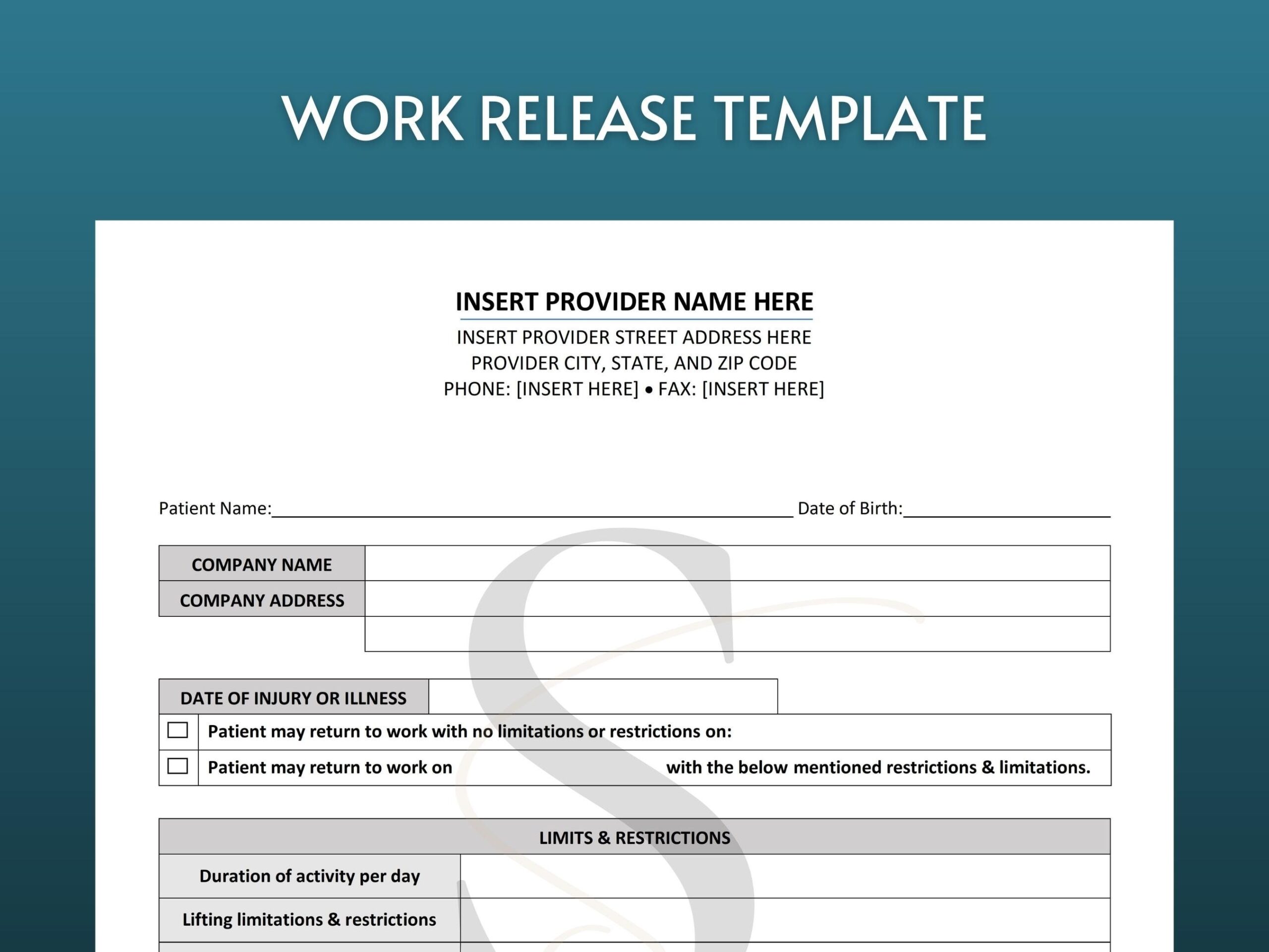 Printable Work Release Template Medical Office Forms Work Excuse Editable Digital Downloads Return To Work Note PDF DOCX Instant Download Etsy New Zealand