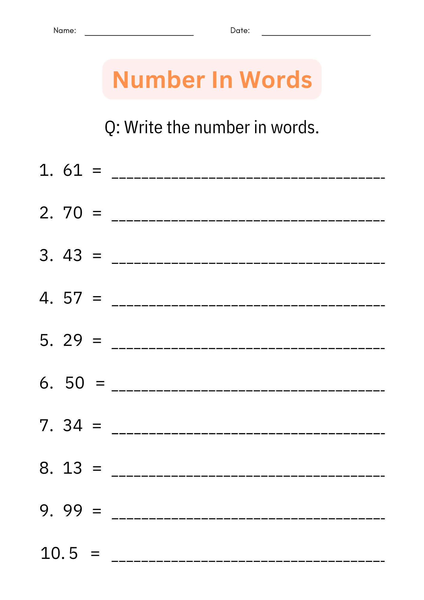 Numbers In Word Form Printable