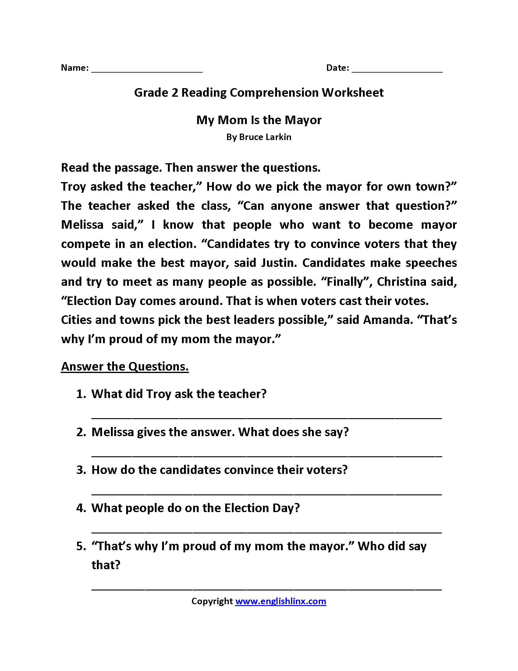Free Printable 2nd Grade Reading Worksheets